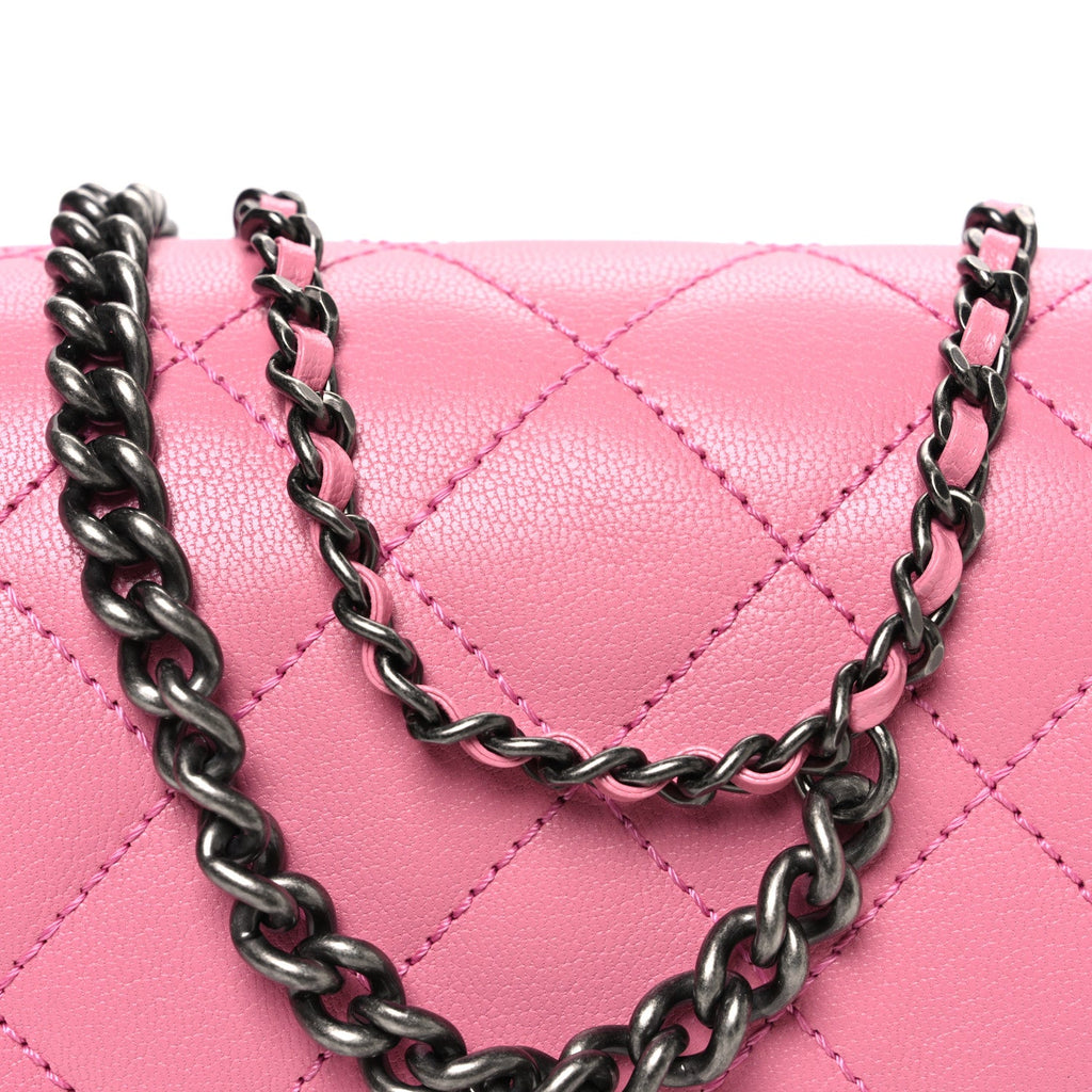 Shiny Goatskin Quilted Small Double Carry Waist Chain Flap Pink