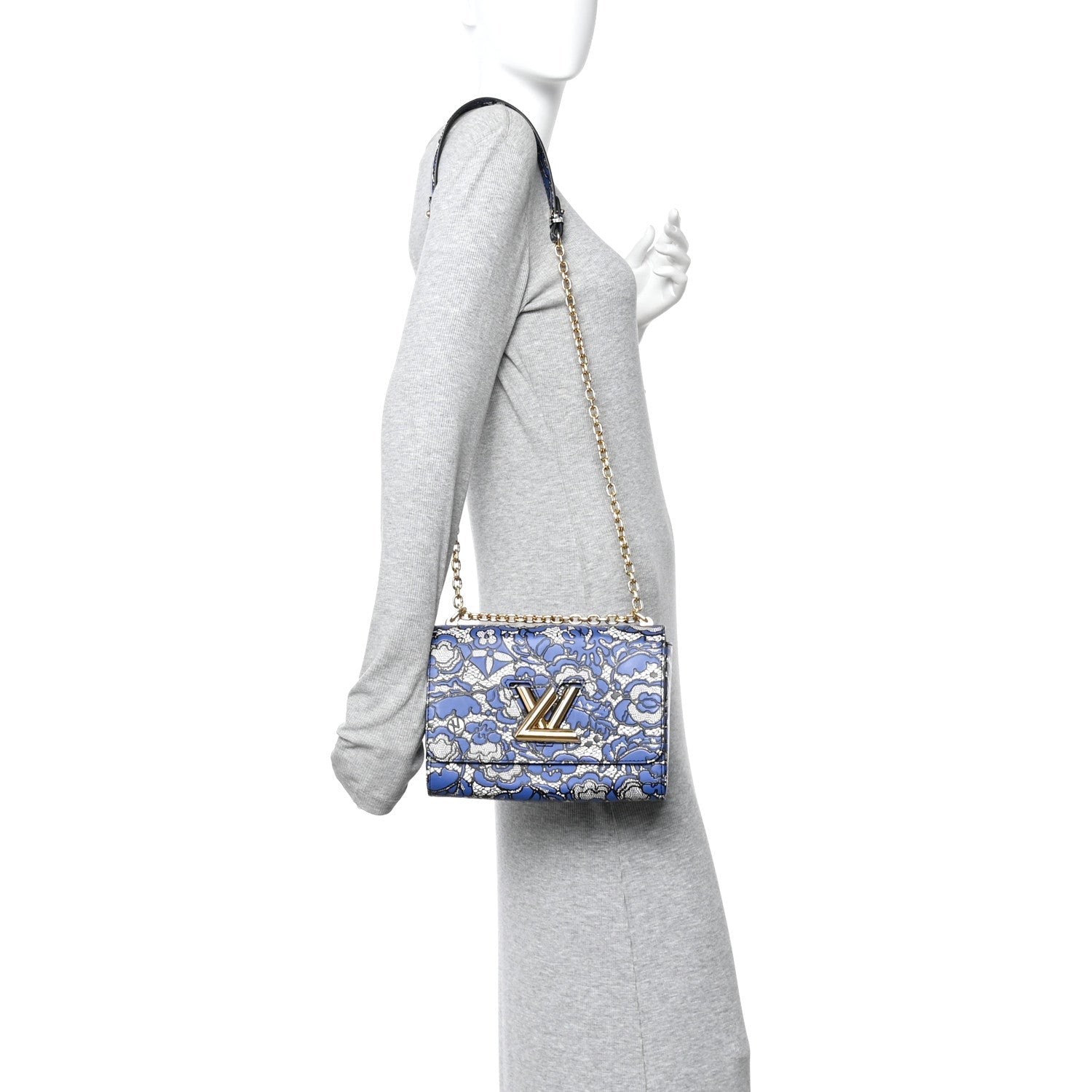 Calfskin Lace Flower Inlay Twist Shoulder Bag MM Navy Black