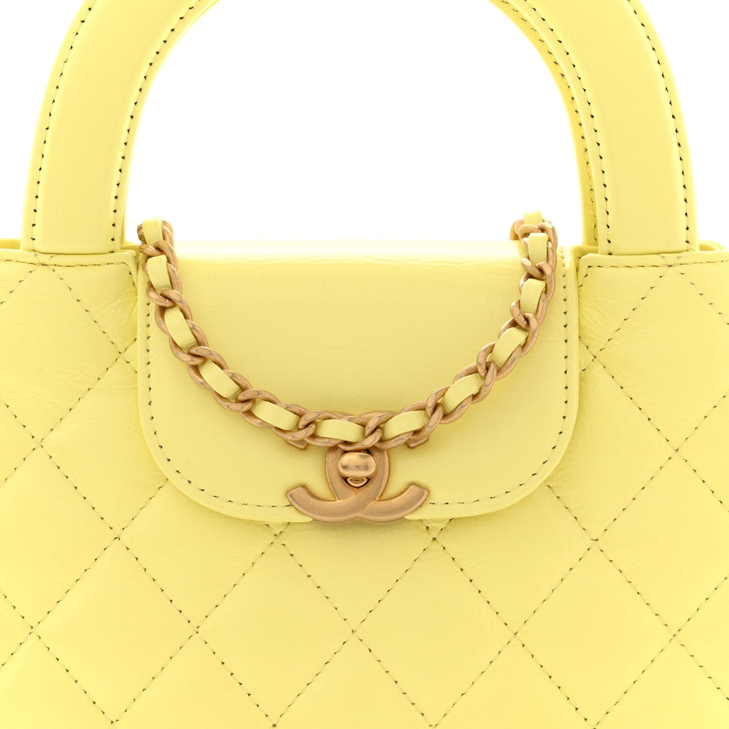 Shiny Aged Calfskin Quilted Nano Kelly Shopper Light Yellow