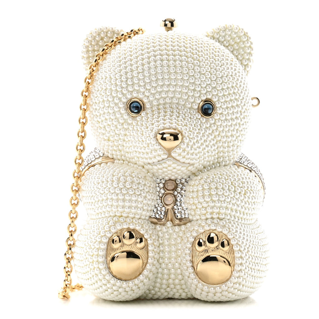 Pearl Crystal Sweetheart Bear Minaudiere Clutch White