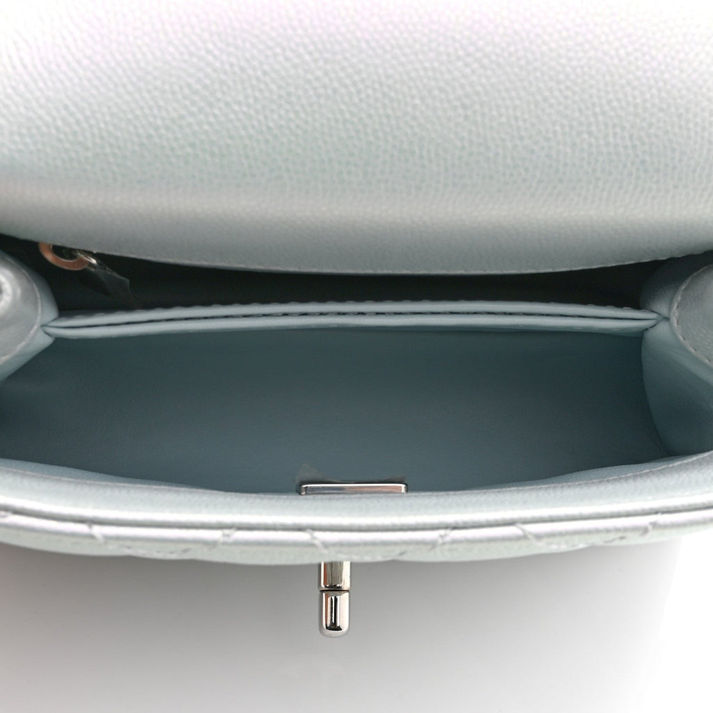 Iridescent Caviar Quilted Extra Mini Coco Handle Flap Light Blue