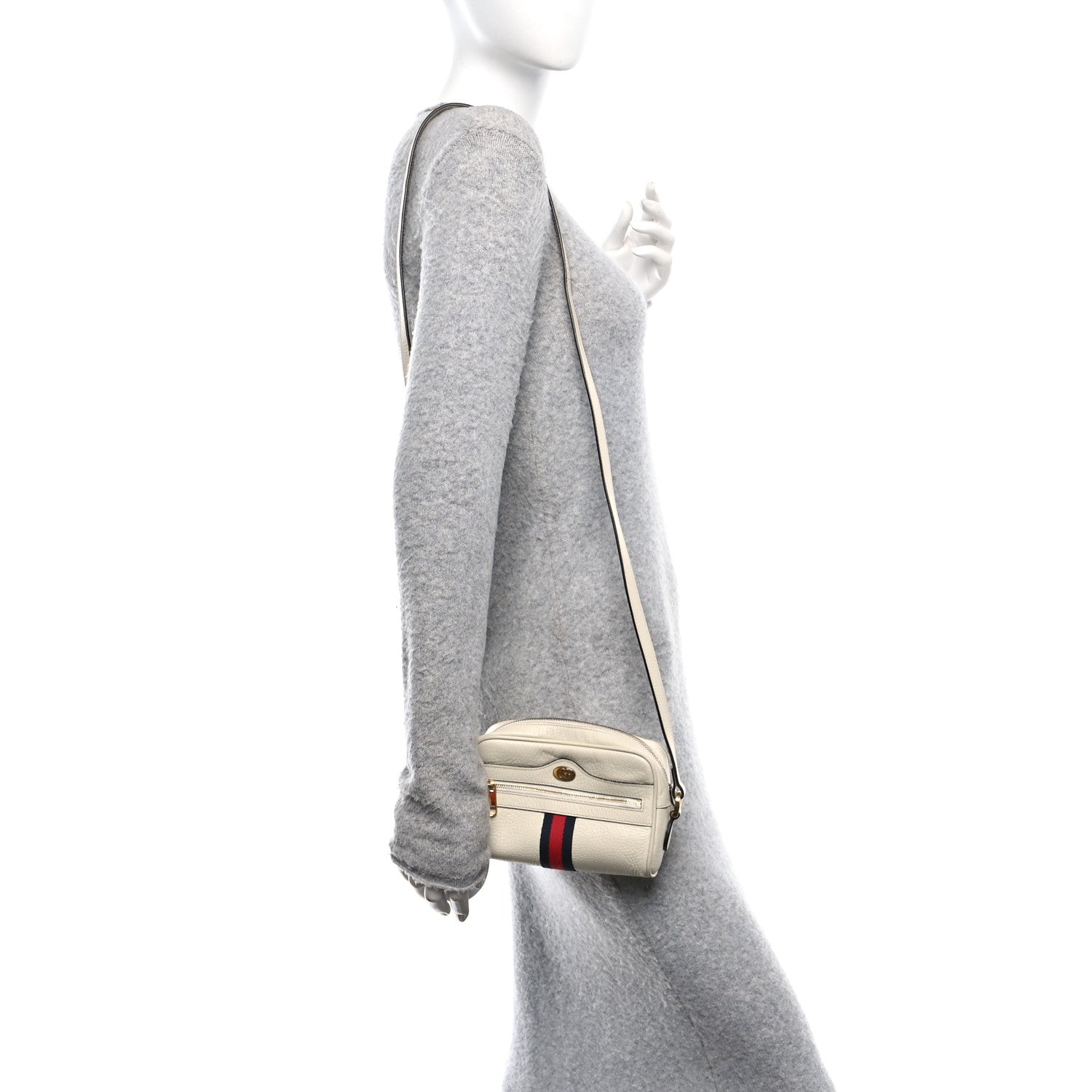 Textured Dollar Calfskin Web Mini Ophidia Shoulder Bag Mystic White