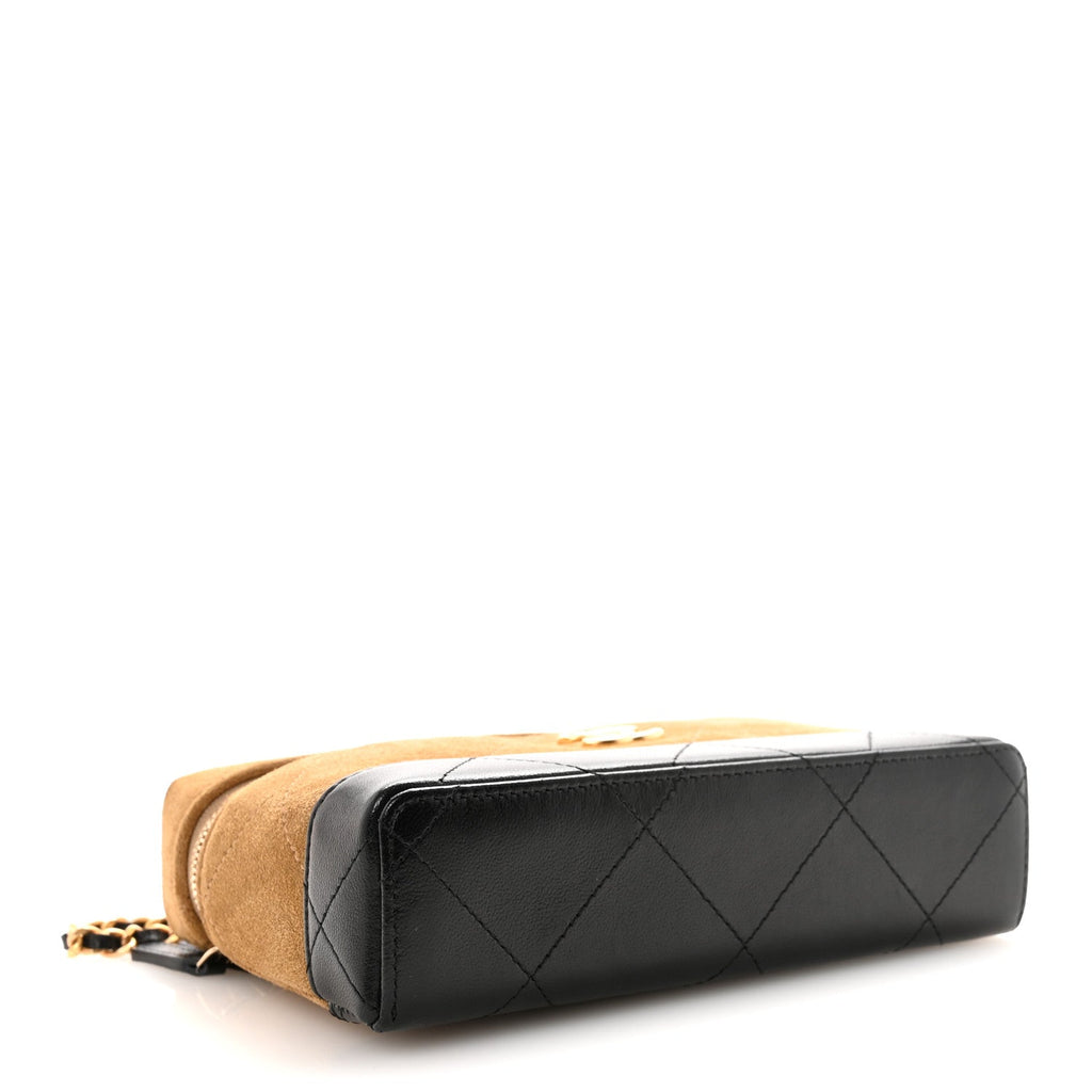 Suede Calfskin Shiny Lambskin Quilted Top Handle Slim Vanity Case With Chain Beige Black