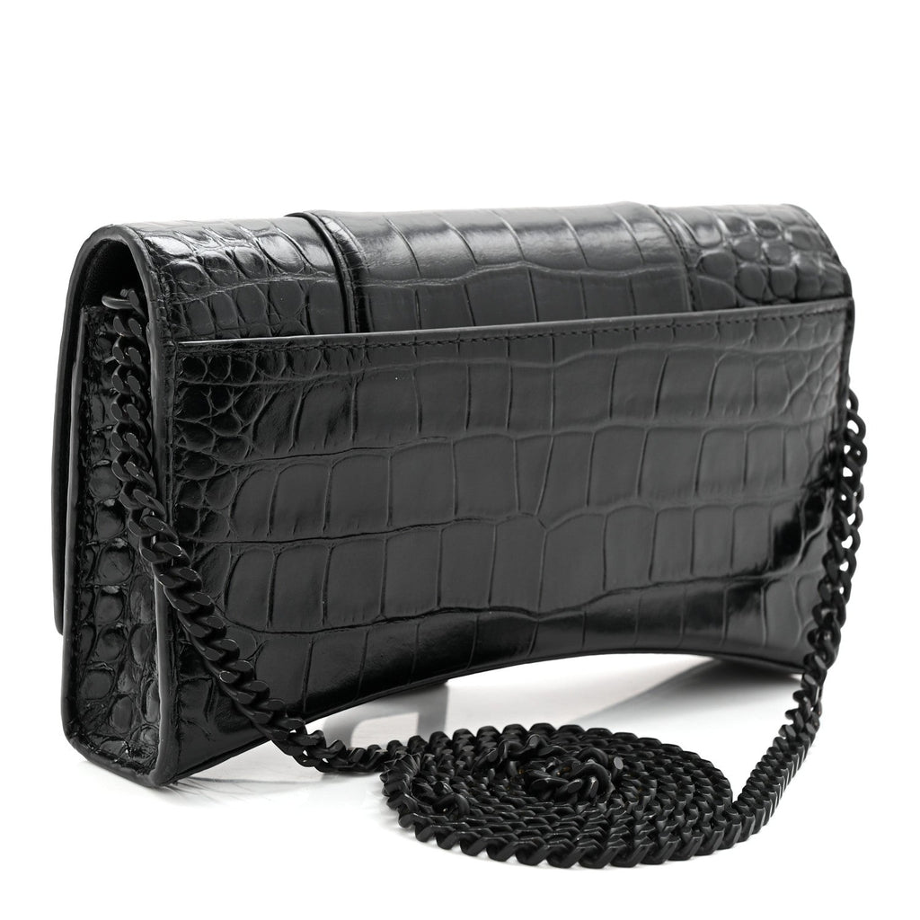 Shiny Calfskin Monochrome Crocodile Embossed Hourglass Chain Bag Black