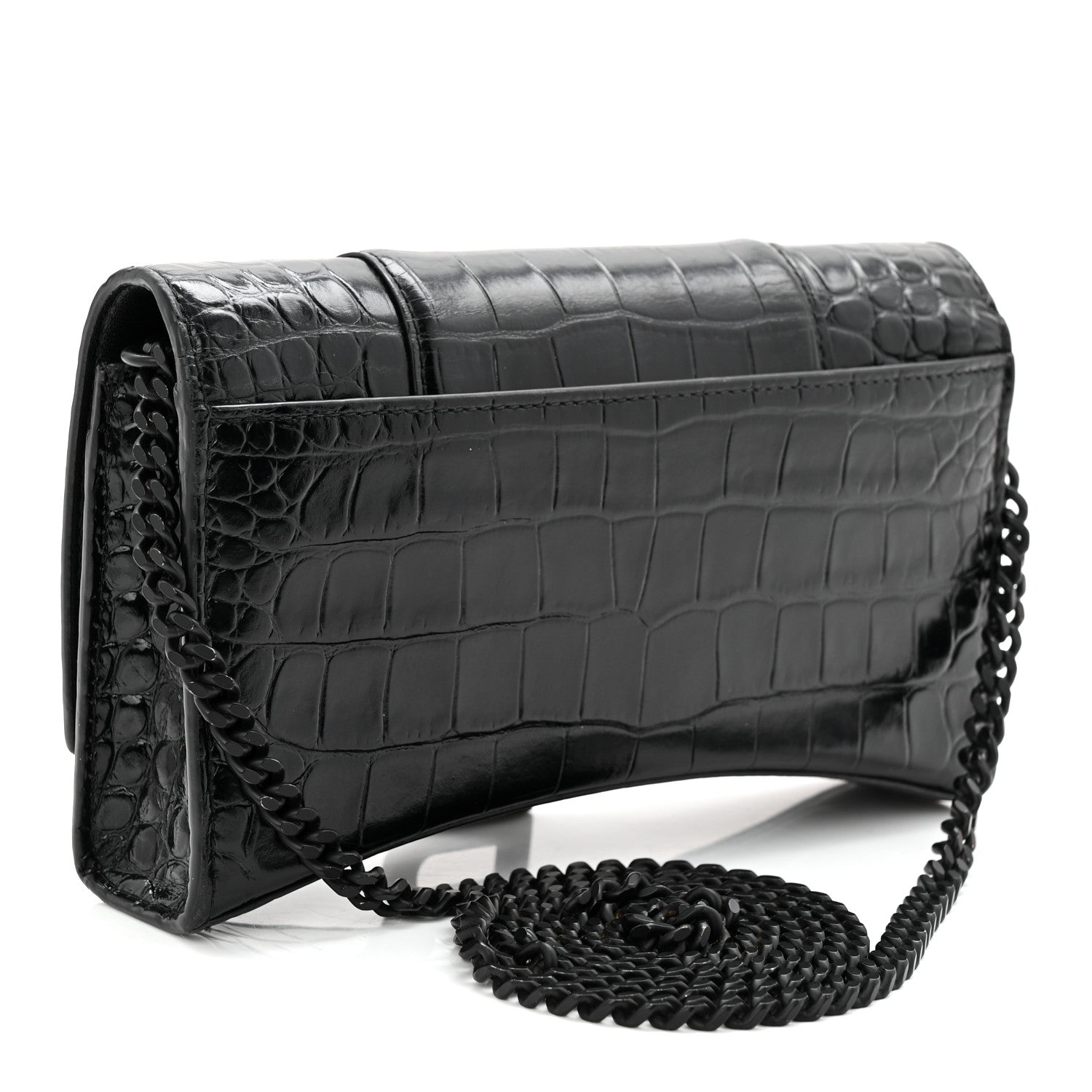 Shiny Calfskin Monochrome Crocodile Embossed Hourglass Chain Bag Black