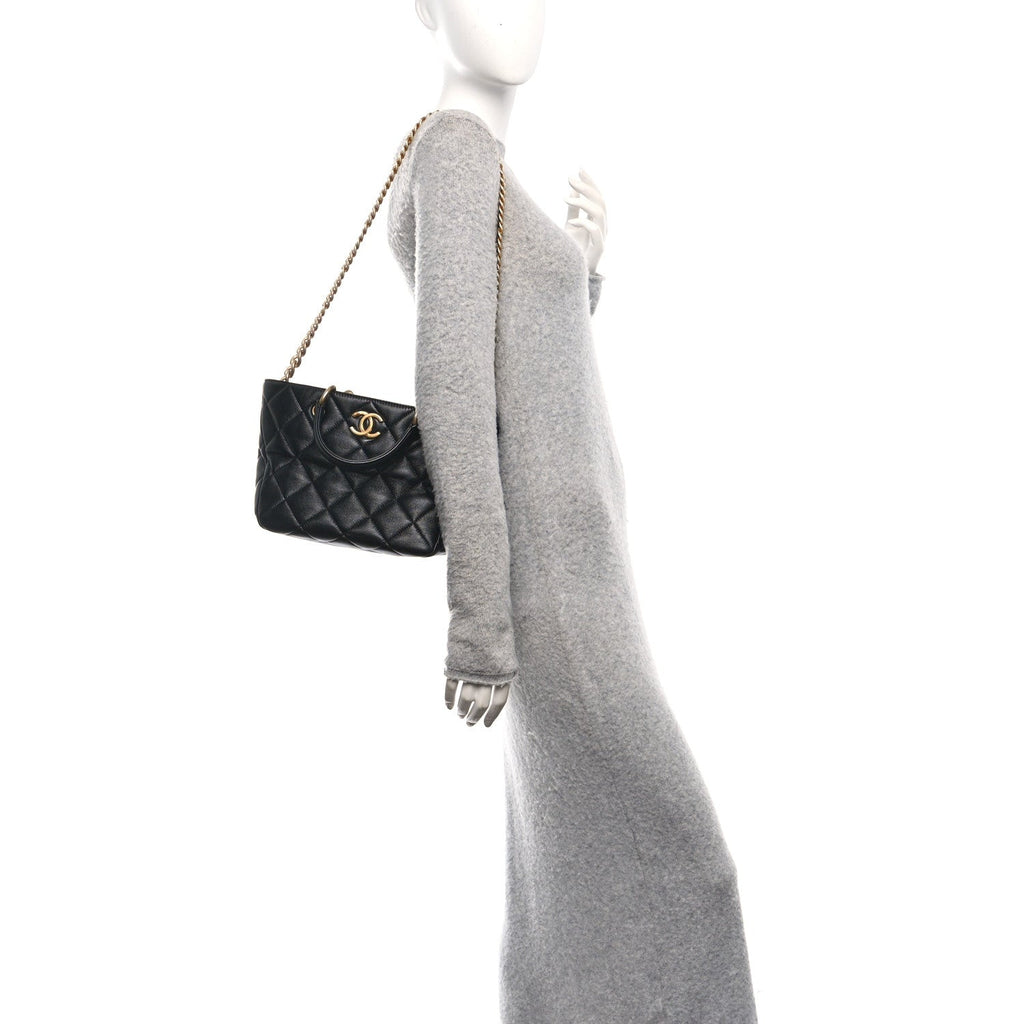 Lambskin Quilted Small Top Handle Shopping Bag Black
