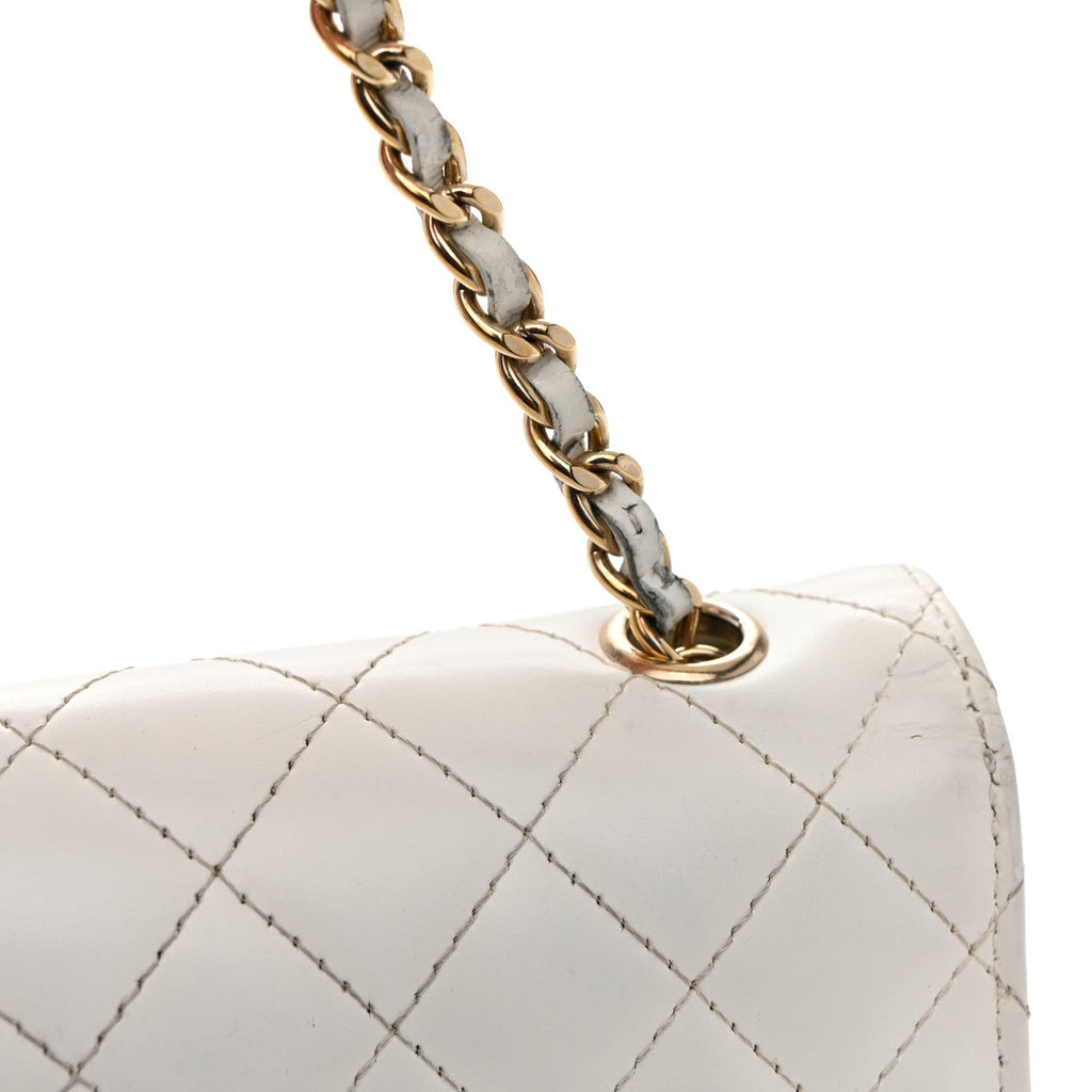 Glazed Calfskin Quilted Small Flap White