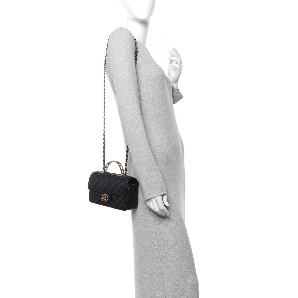 Lambskin Quilted Mini Strass On Top Flap Black