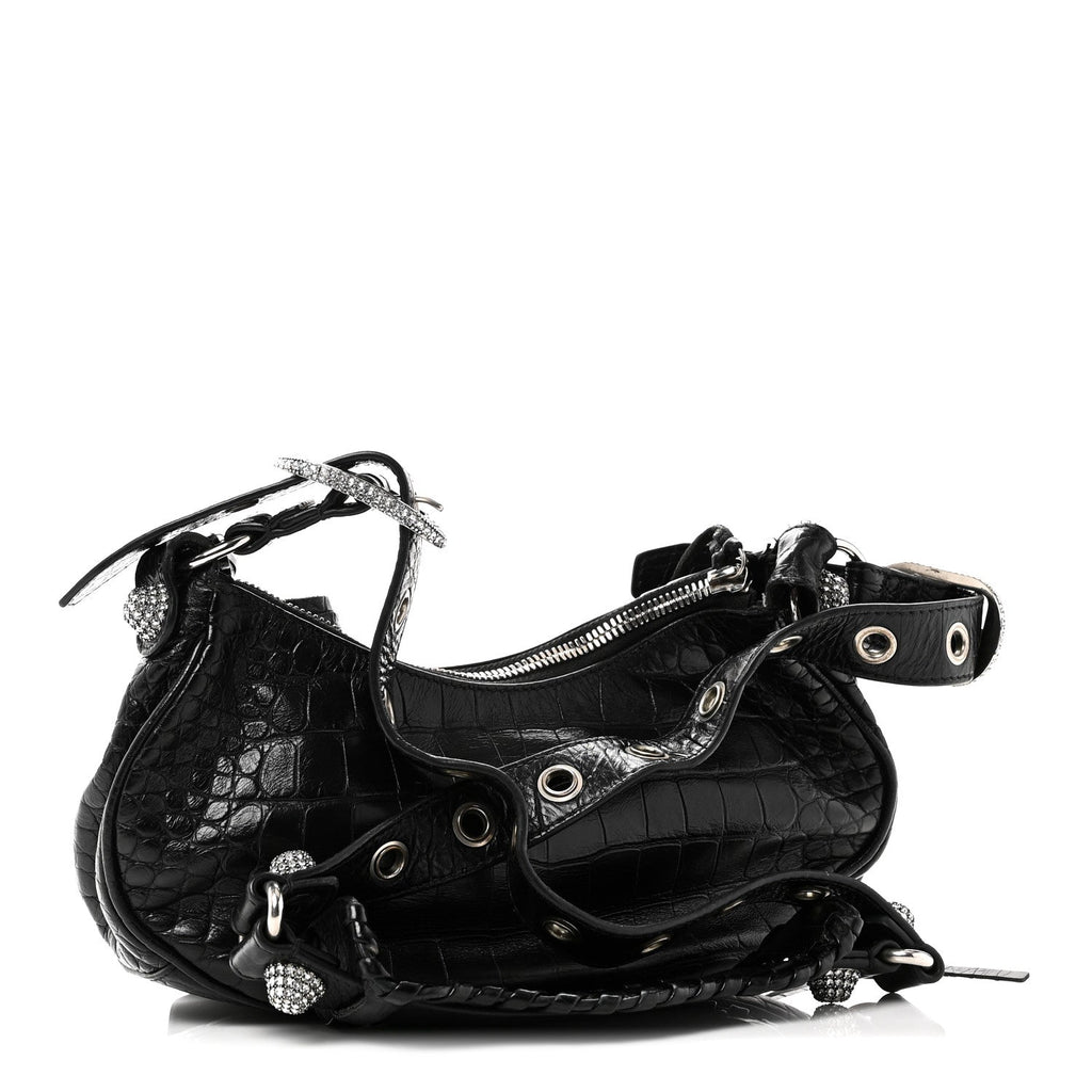 Extra Supple Calfskin Crystal Crocodile Embossed Le Cagole Shoulder Bag XS Black