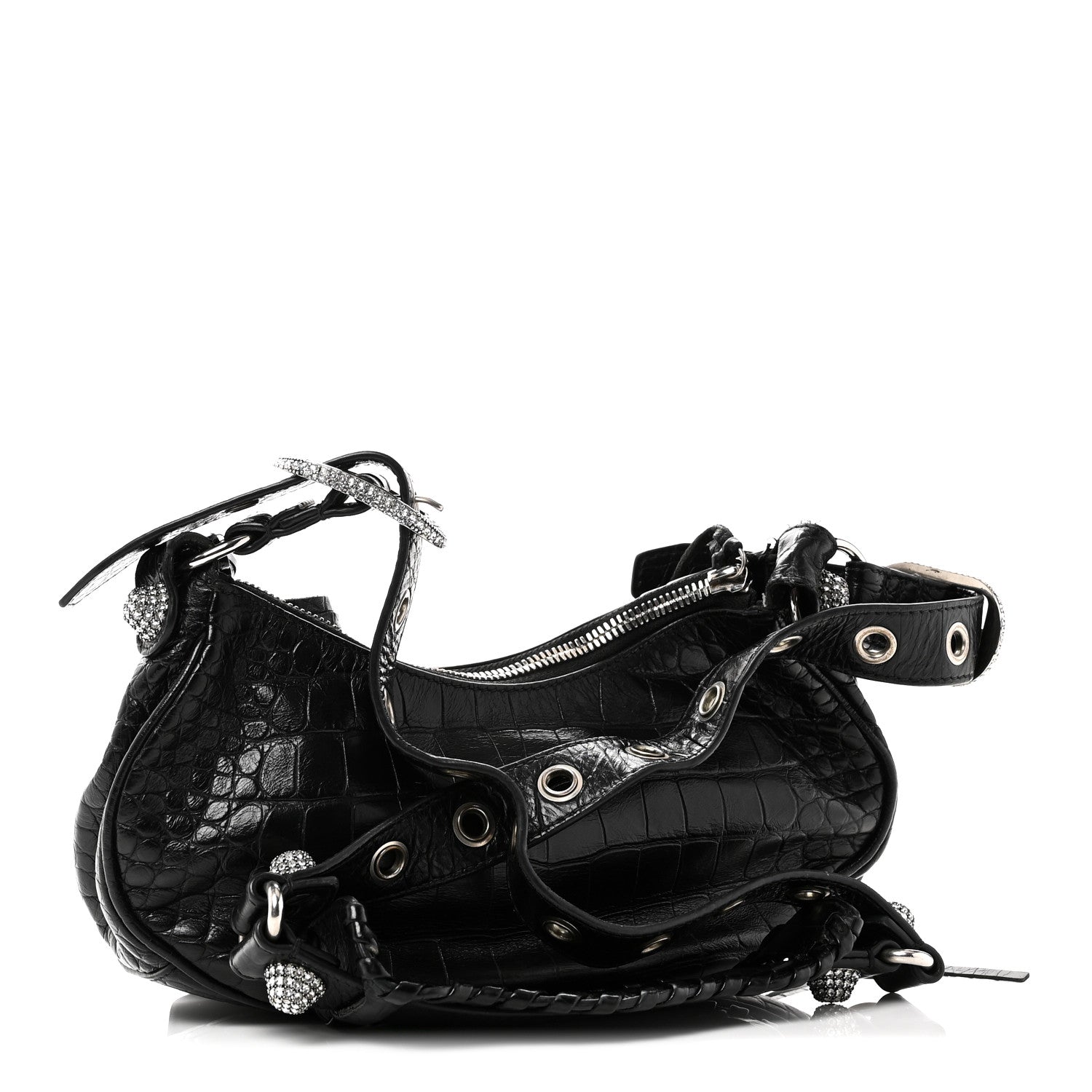 Extra Supple Calfskin Crystal Crocodile Embossed Le Cagole Shoulder Bag XS Black