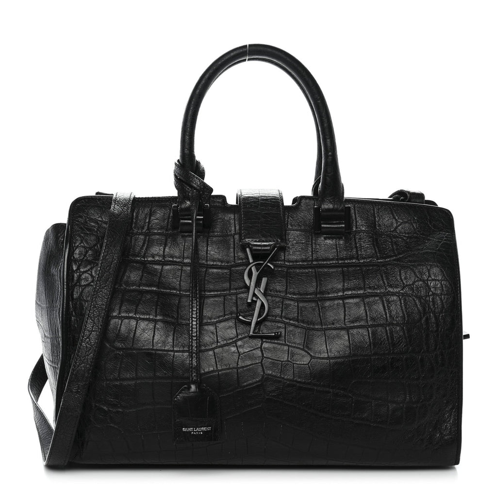 Calfskin Crocodile Embossed Small Monogram Cabas Black