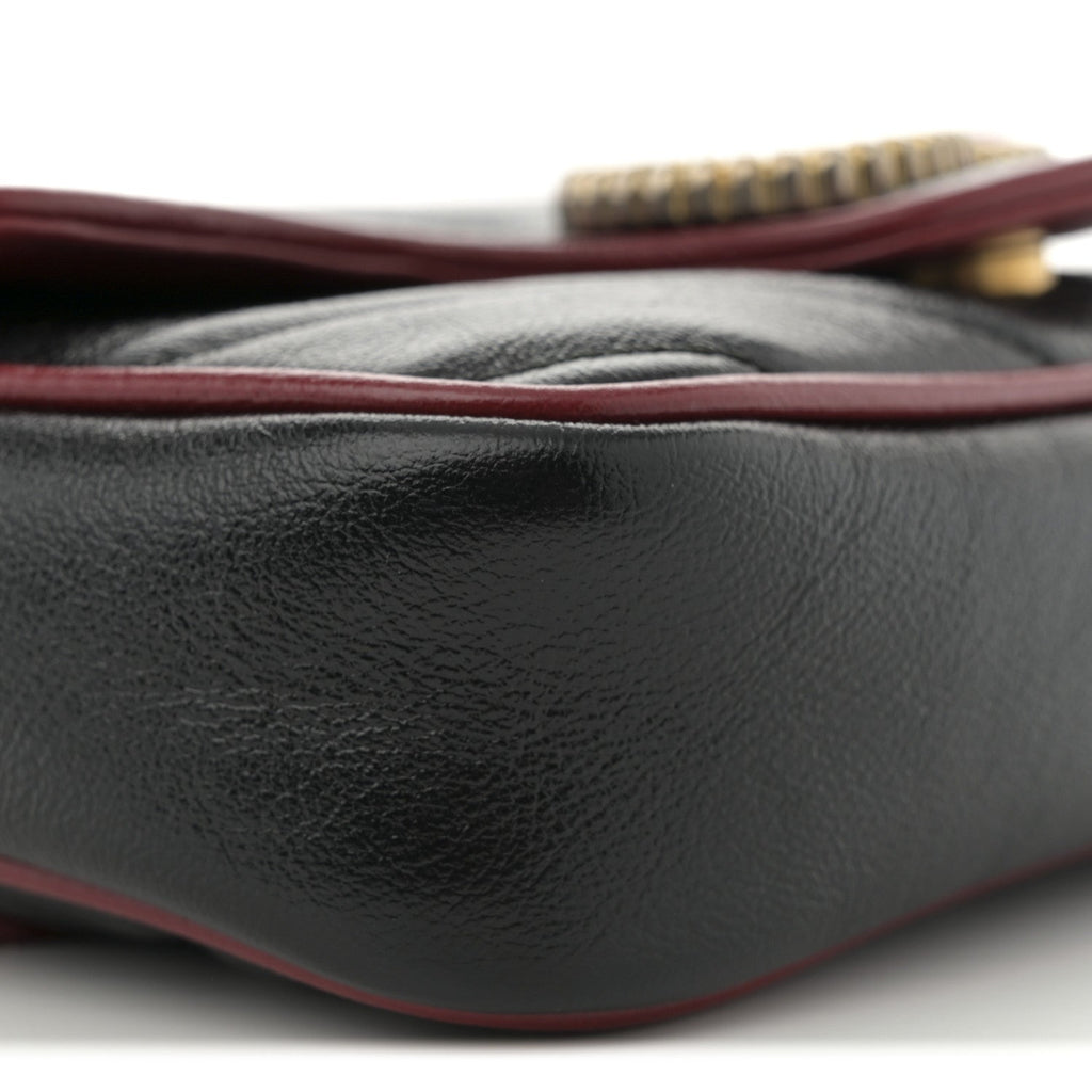 Vintage Effect Calfskin Matelasse Diagonal Super Mini Torchon GG Marmont Shoulder Bag Black Romantic Cherry