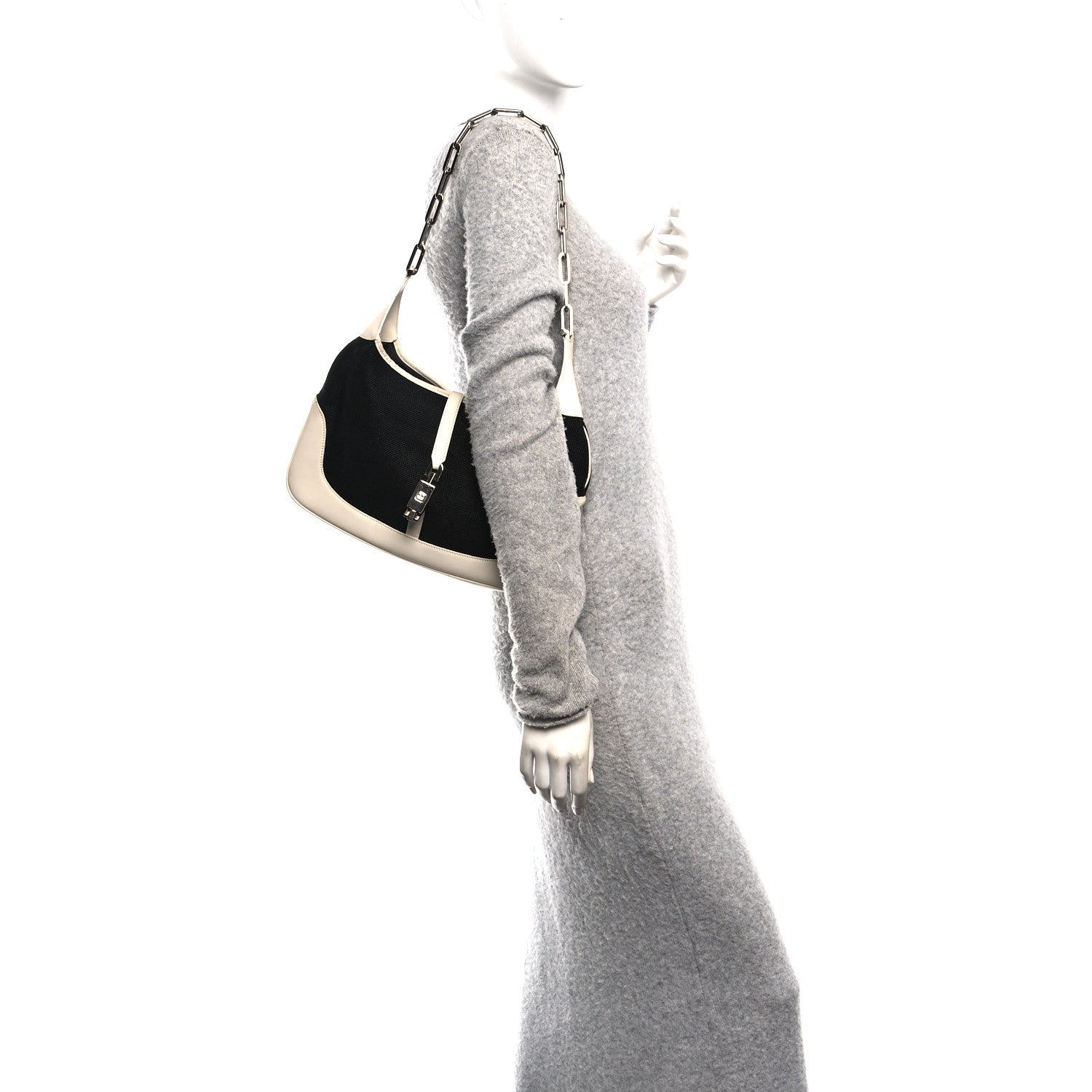 Canvas Calfskin Jackie O Chain Hobo White Black