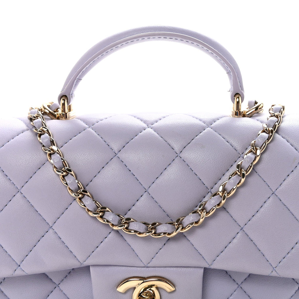 Lambskin Quilted Mini Top Handle Rectangular Flap Light Purple