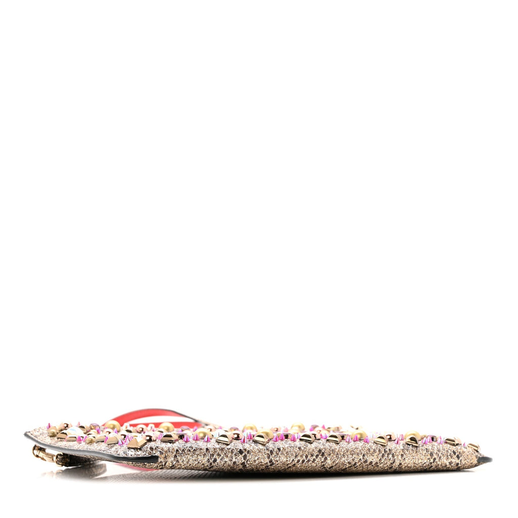 Metallic Snakeskin Embossed Spikes Loubiposh Clutch Gold Pink