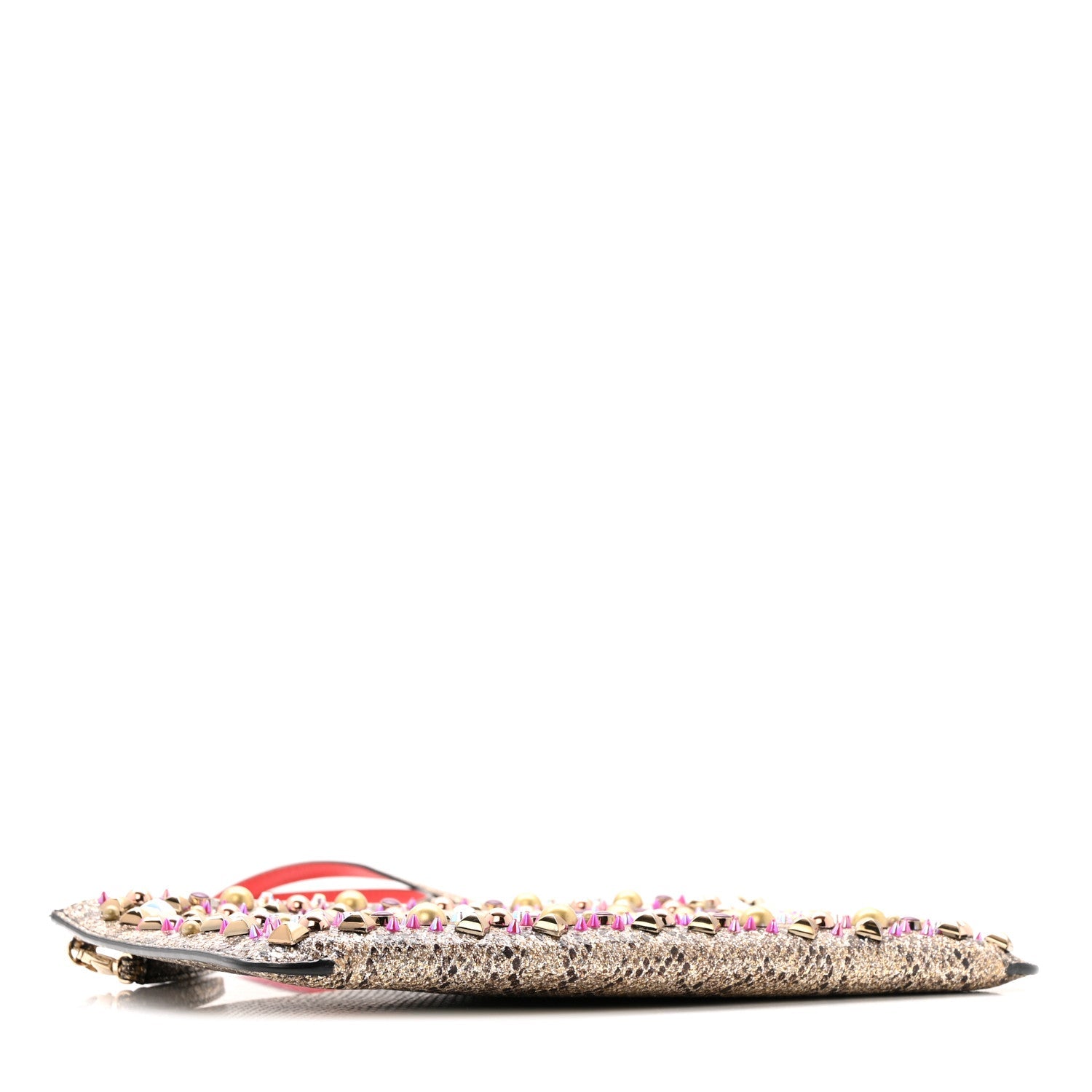 Metallic Snakeskin Embossed Spikes Loubiposh Clutch Gold Pink