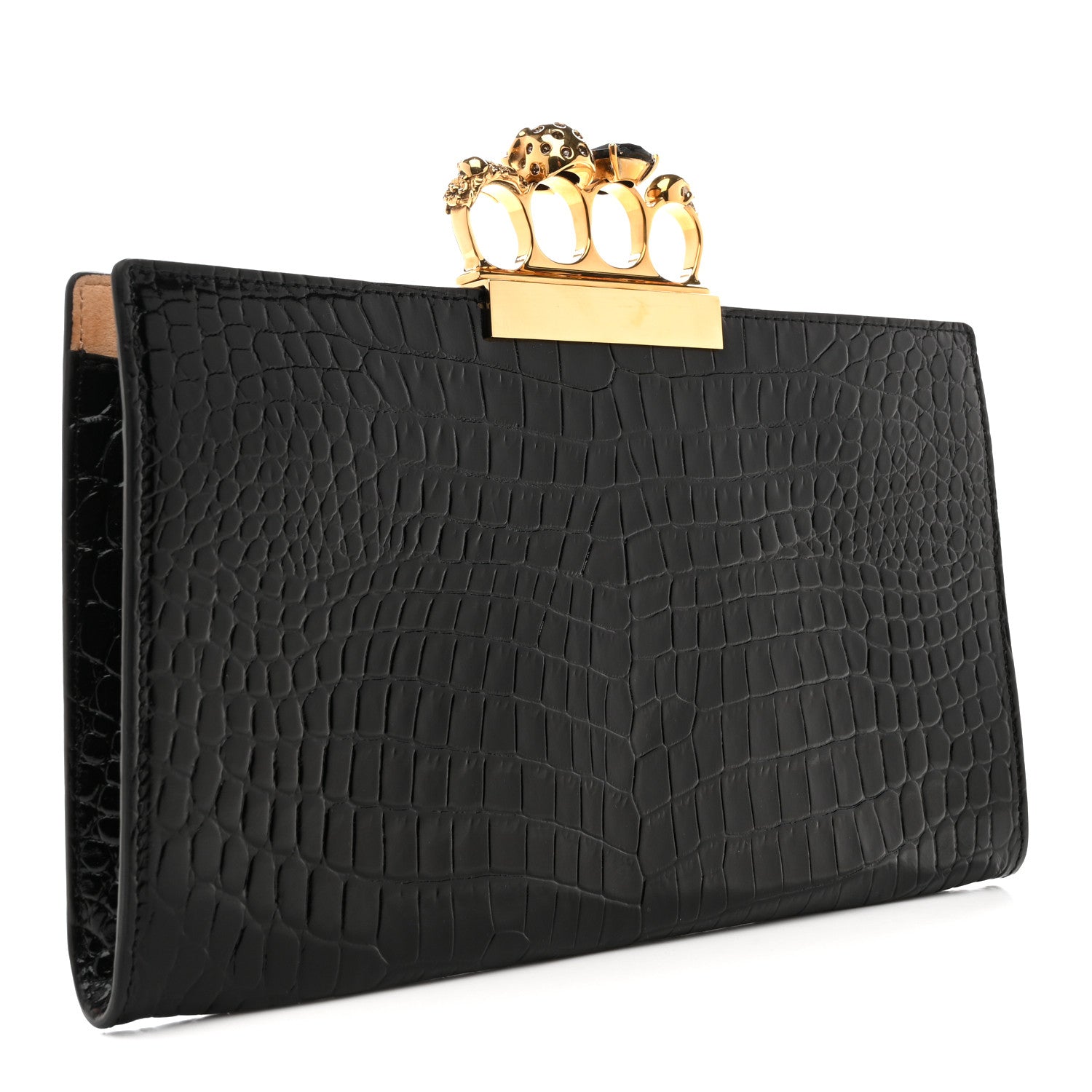 Calfskin Crocodile Embossed Knuckle Flat Clutch Black Gold