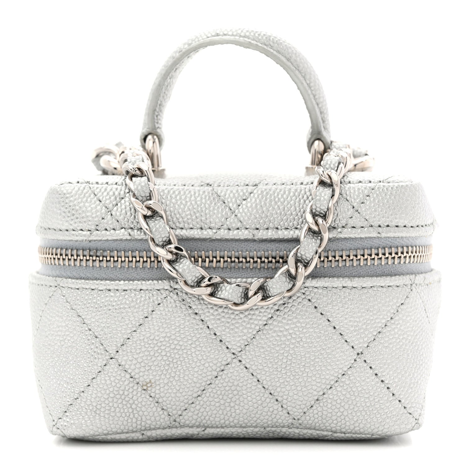 Metallic Caviar Quilted Mini Top Handle Vanity With Chain Silver