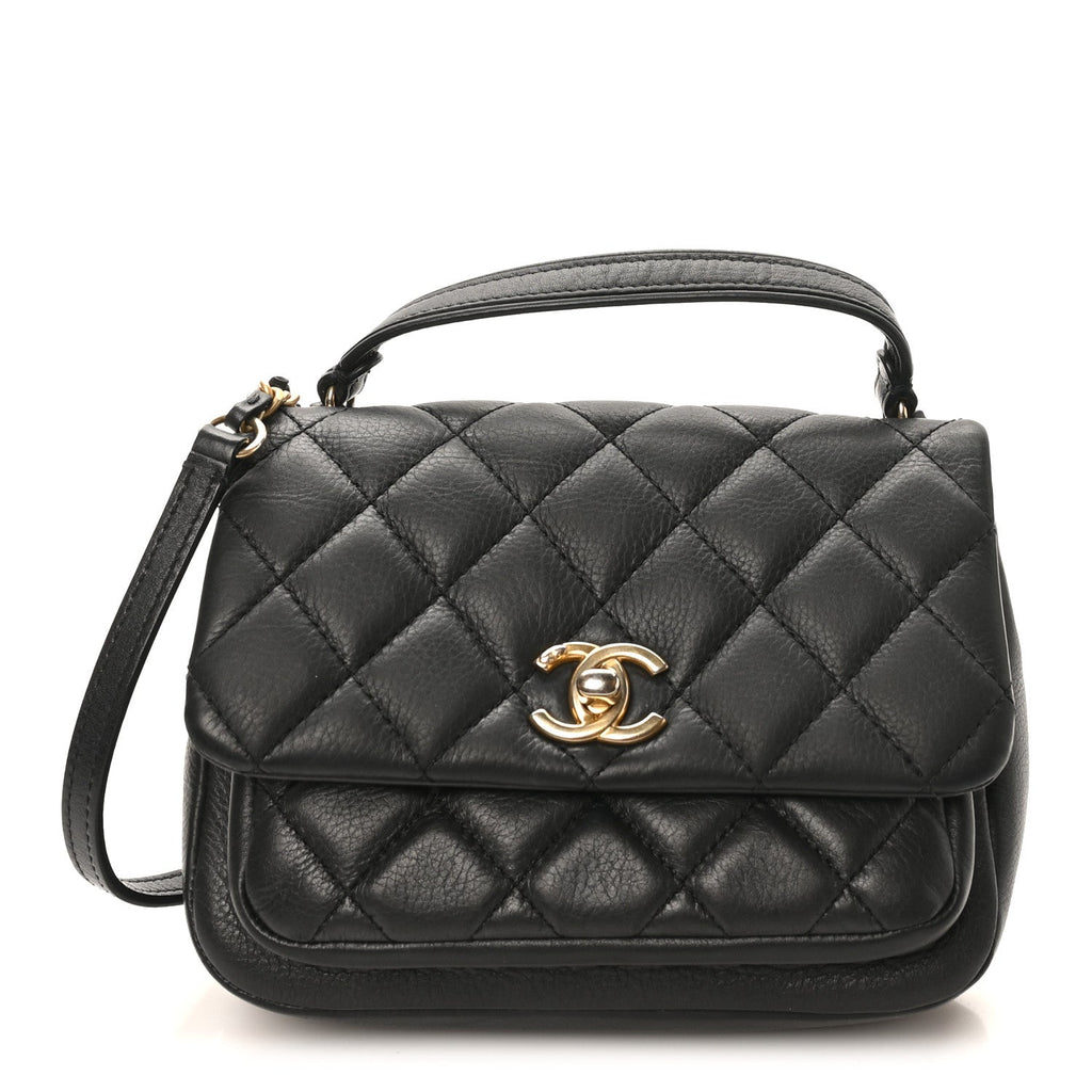Calfskin Quilted Top Handle Flap Black