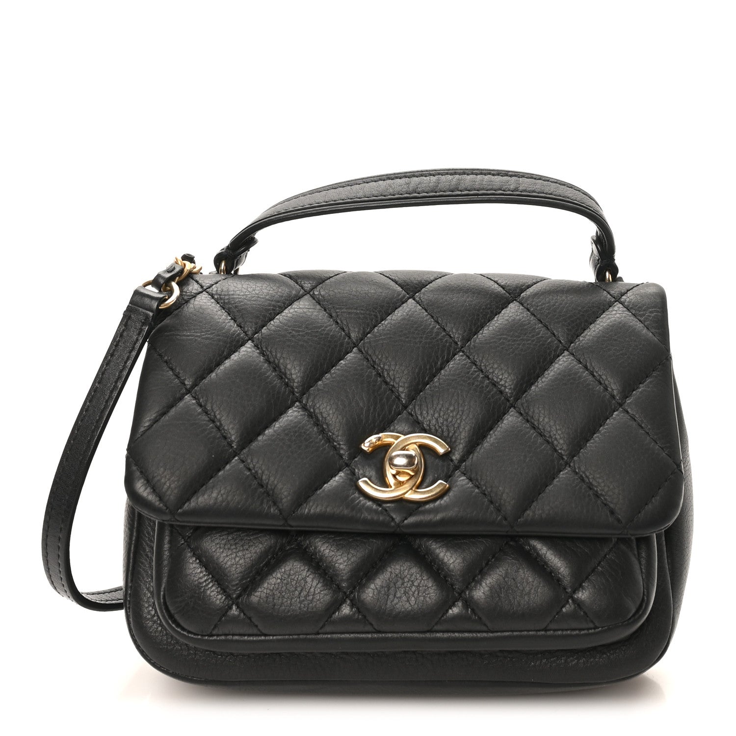 Calfskin Quilted Top Handle Flap Black