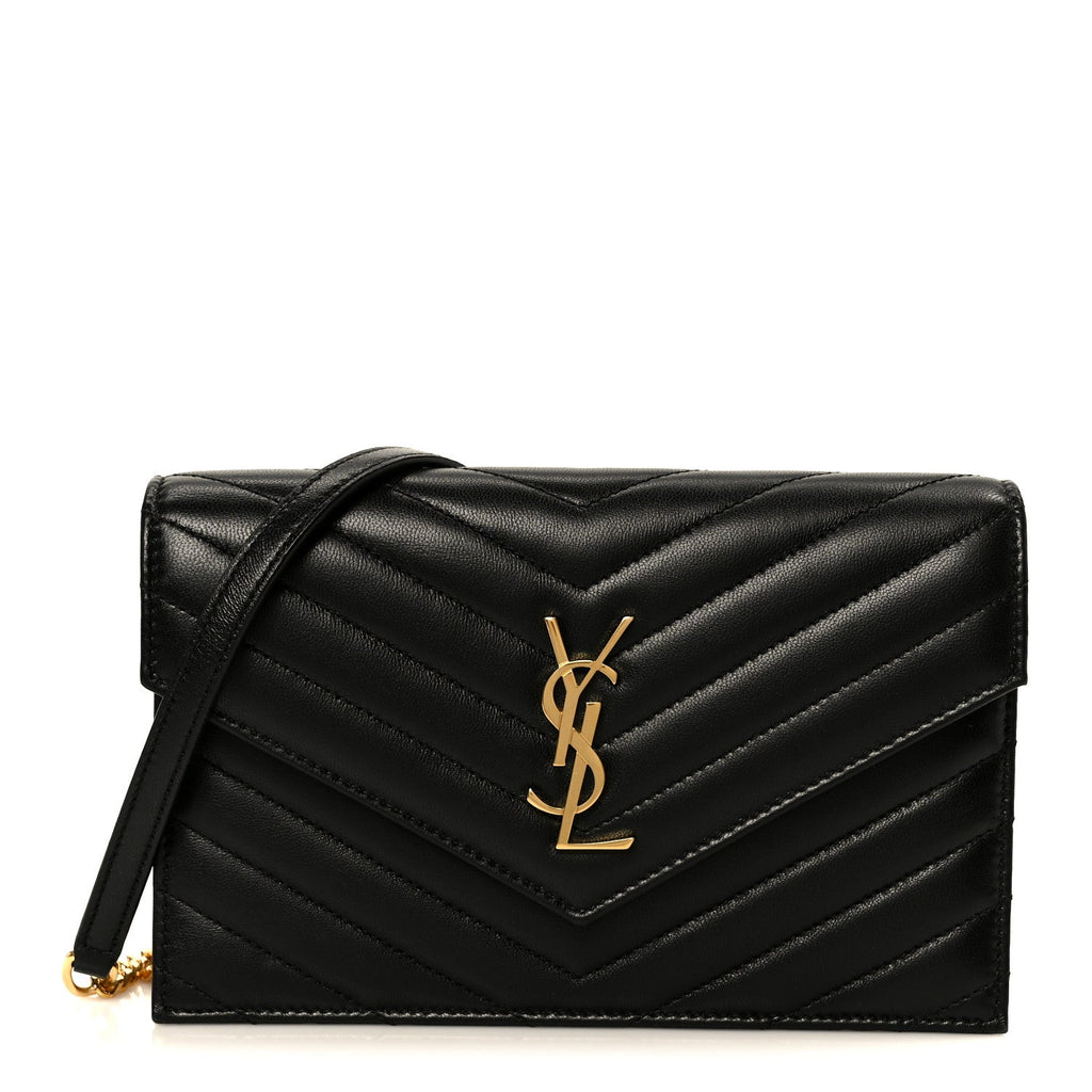 Lambskin Matelasse Chevron Monogram Cassandre Envelope Chain Wallet Black