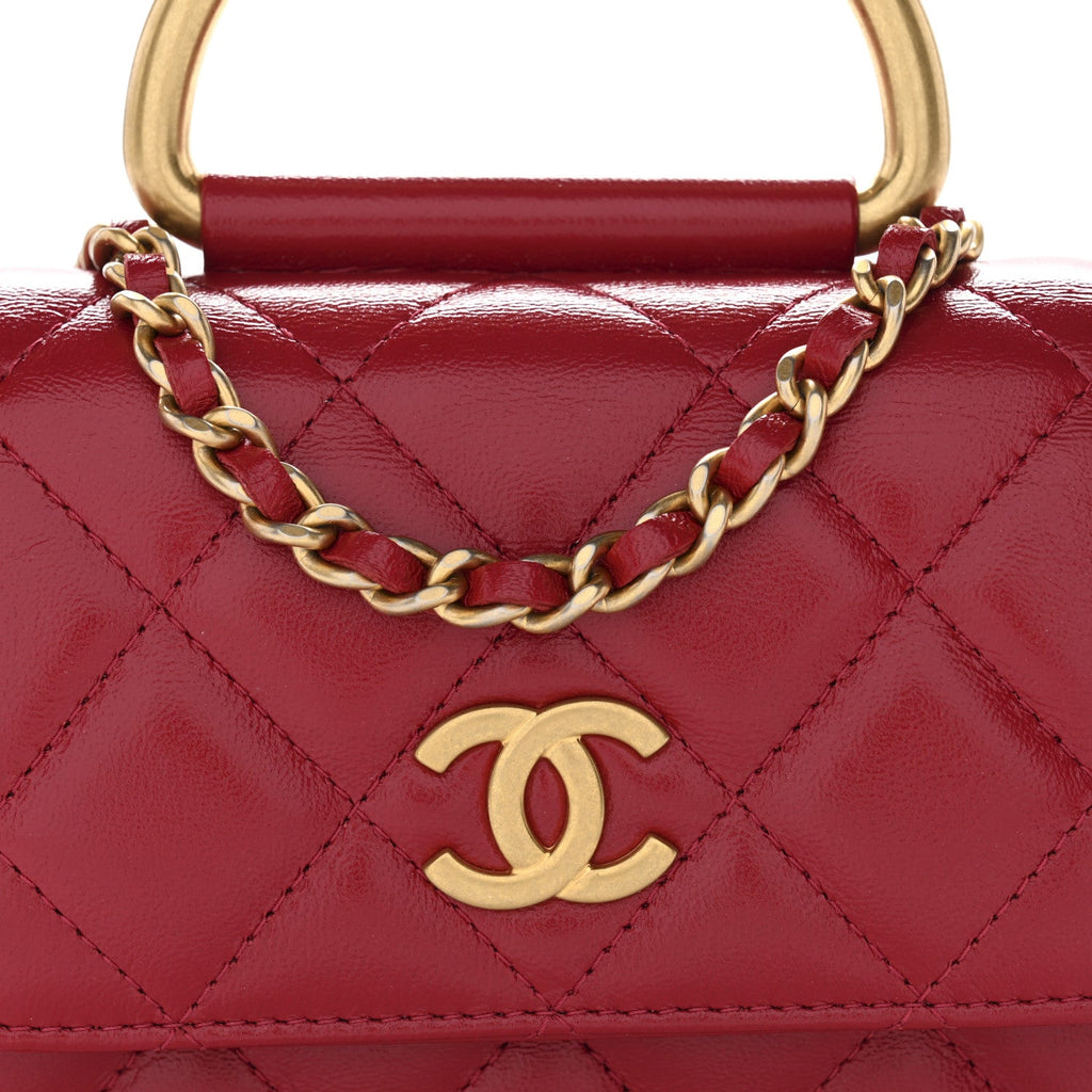Shiny Lambskin Quilted Mini Metal Top Handle Clutch With Chain  Red