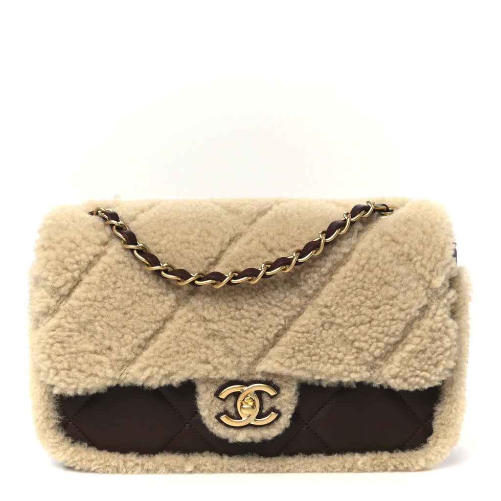 Shearling Lambskin Quilted Furry Coco Flap Dark Brown Beige