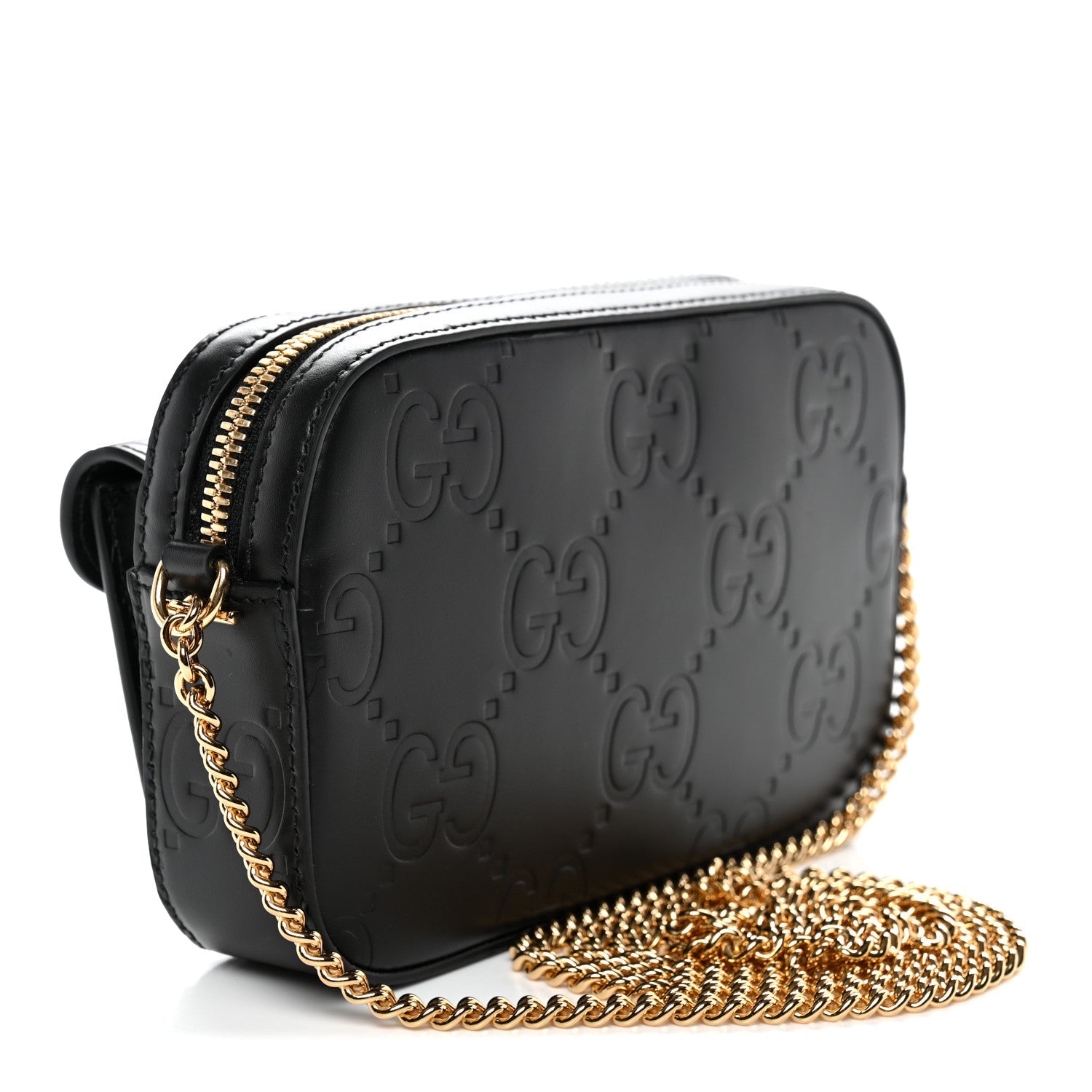 Calfskin GG Super Mini Debossed Chain Wallet Black