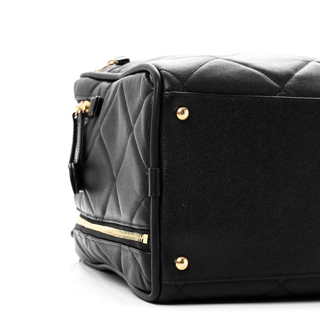 Shiny Grained Calfskin Quilted Travel Bowling Bag Black