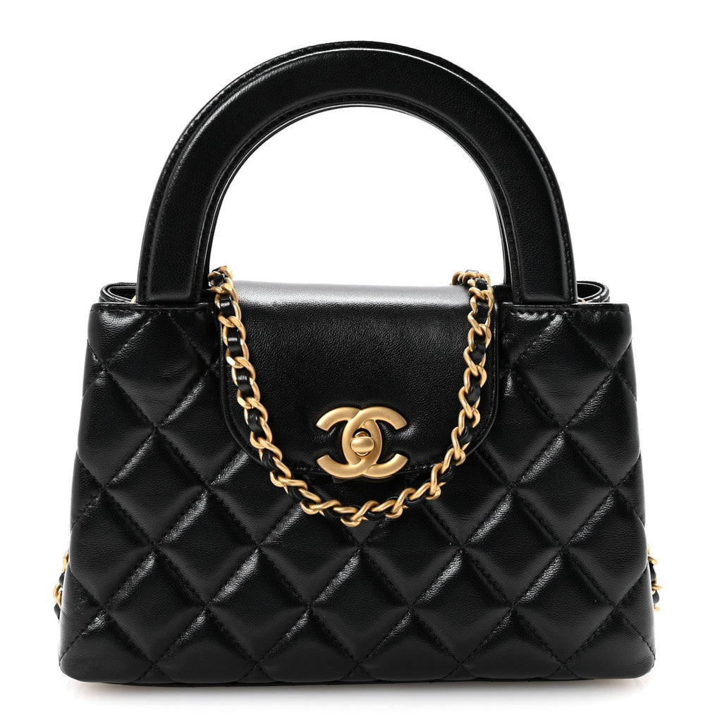 Shiny Aged Calfskin Quilted Nano Kelly Shopper Black