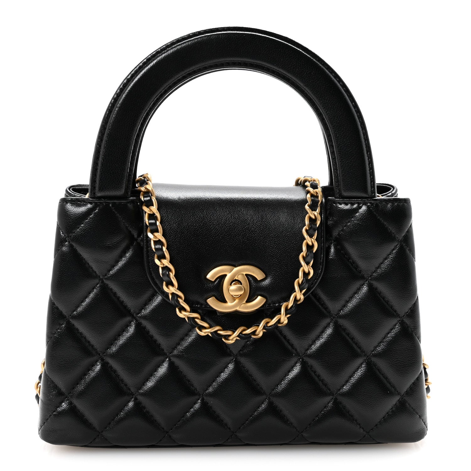 Shiny Aged Calfskin Quilted Nano Kelly Shopper Black
