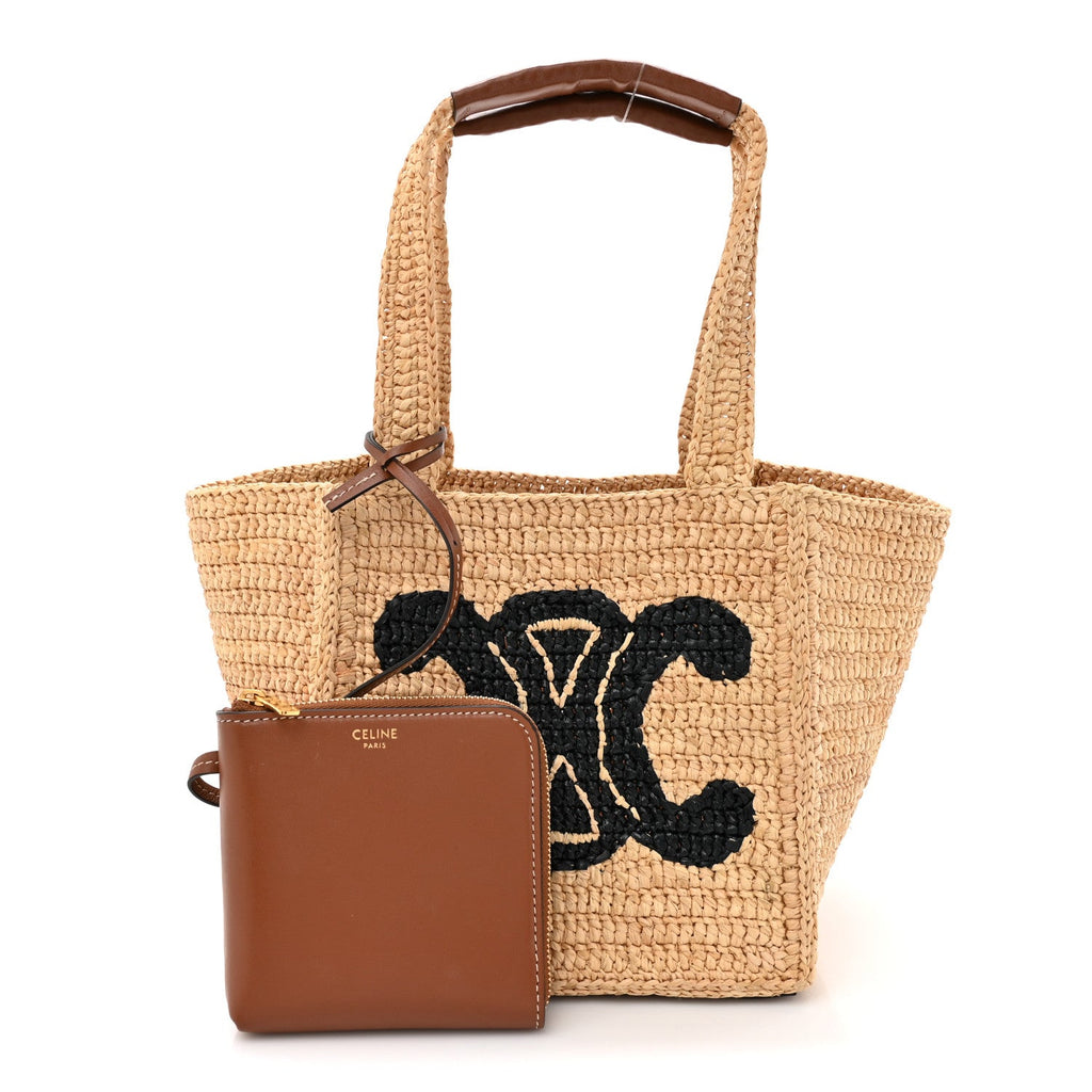 Raffia Calfskin Triomphe Cube Tote Natural Black
