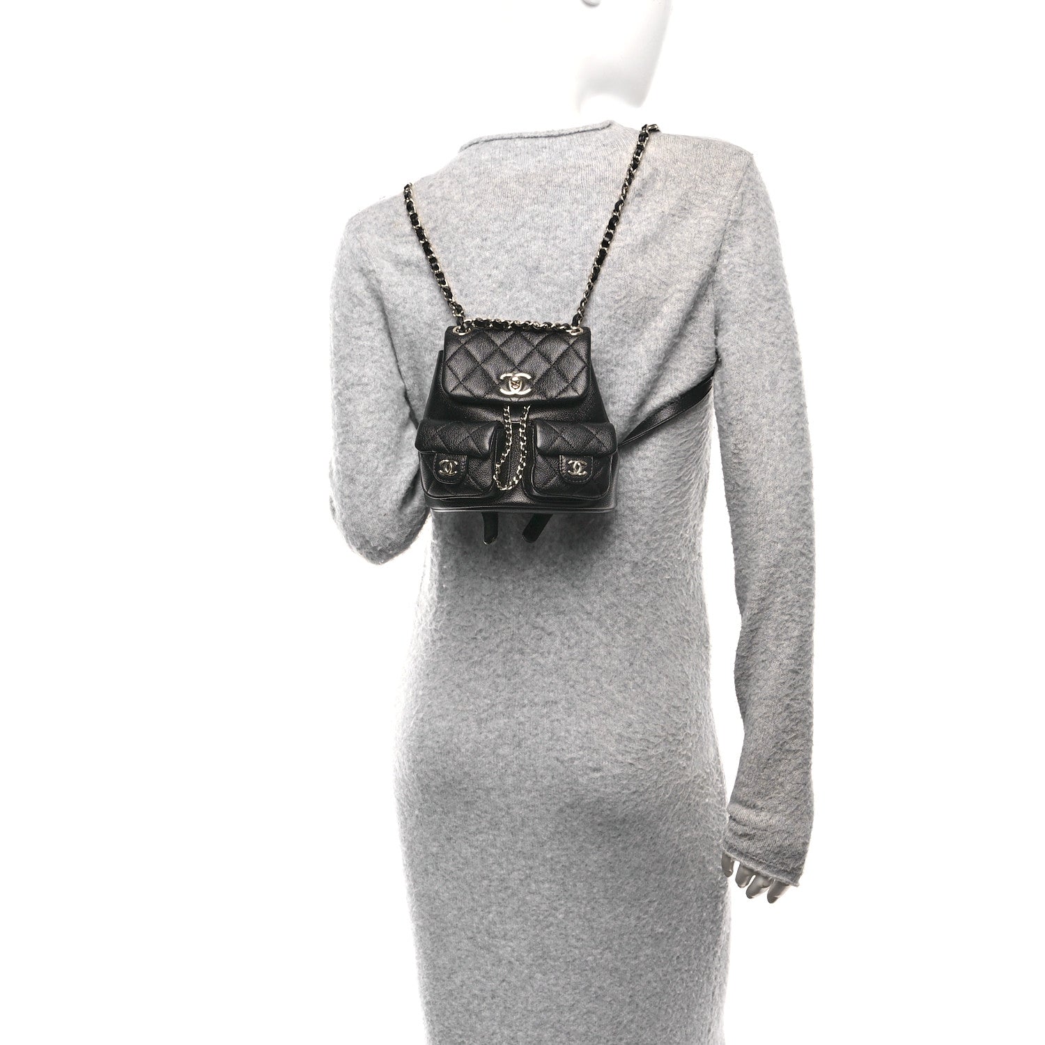 Shiny Caviar Quilted Small Duma Pockets Drawstring Backpack Black