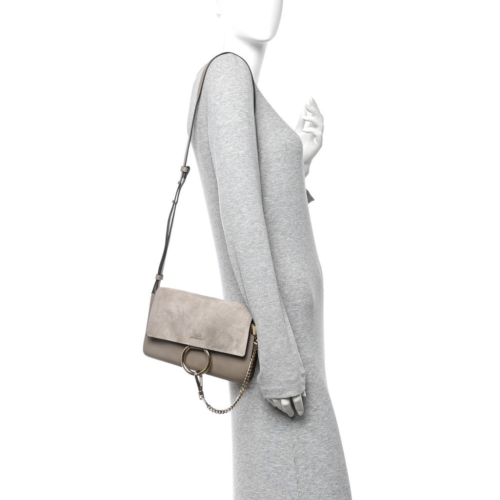 Suede Calfskin Small Faye Shoulder Bag Motty Grey