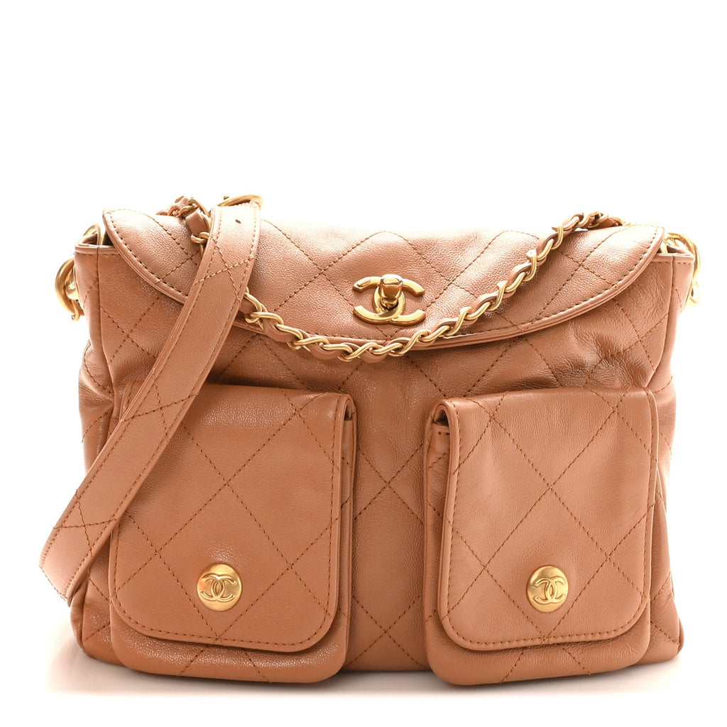 Shiny Calfskin Quilted Small Supple Twins Hobo Bag Brown