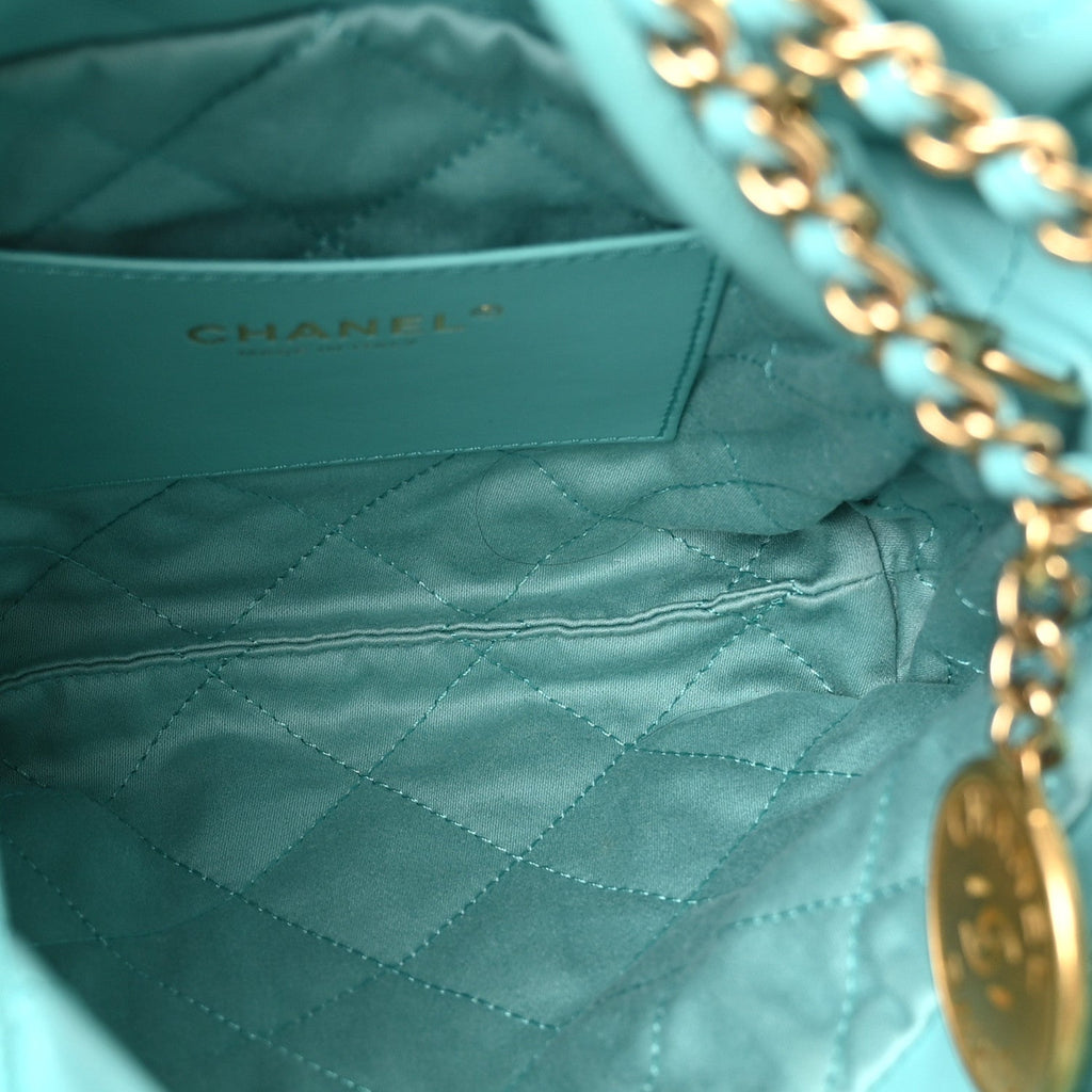 Shiny Calfskin Quilted Mini Chanel 22 Turquoise