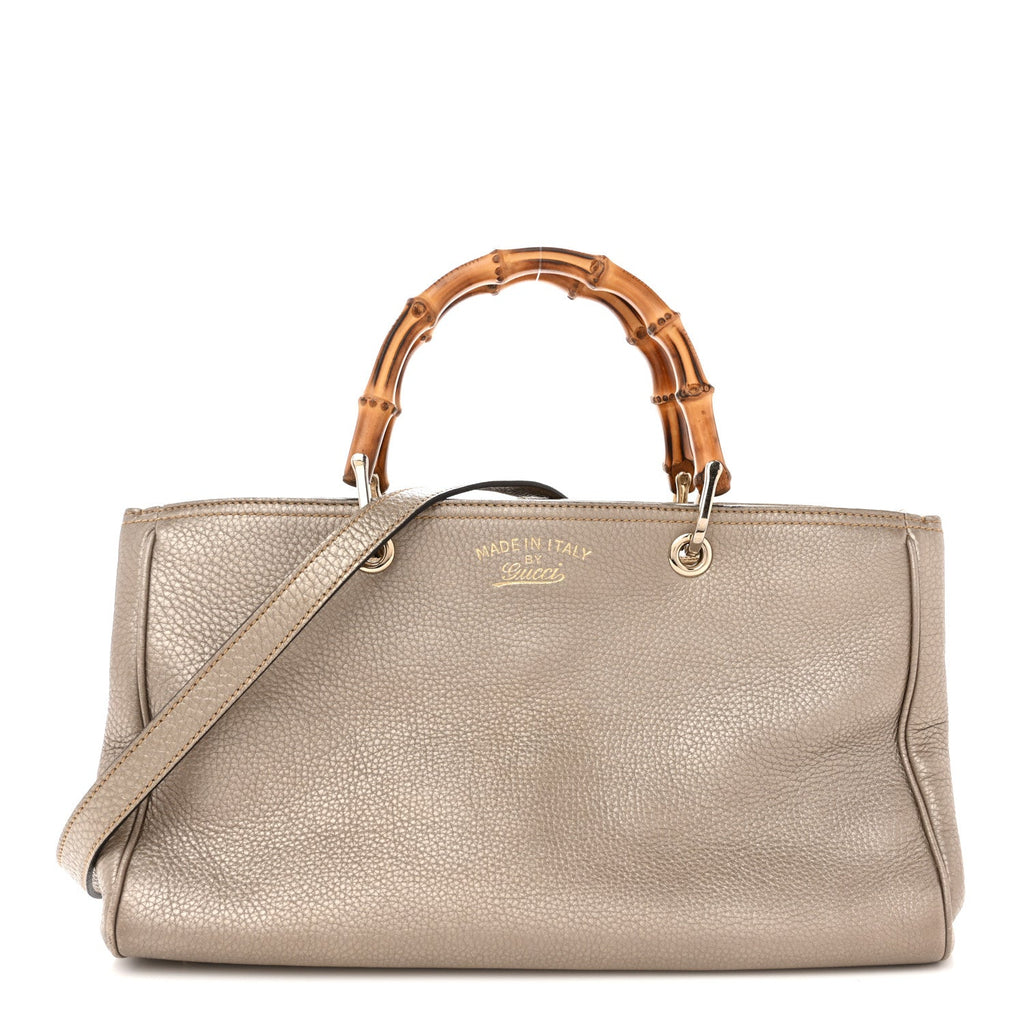 Metallic Pebbled Calfskin Medium Bamboo Shopper Tote Golden Beige