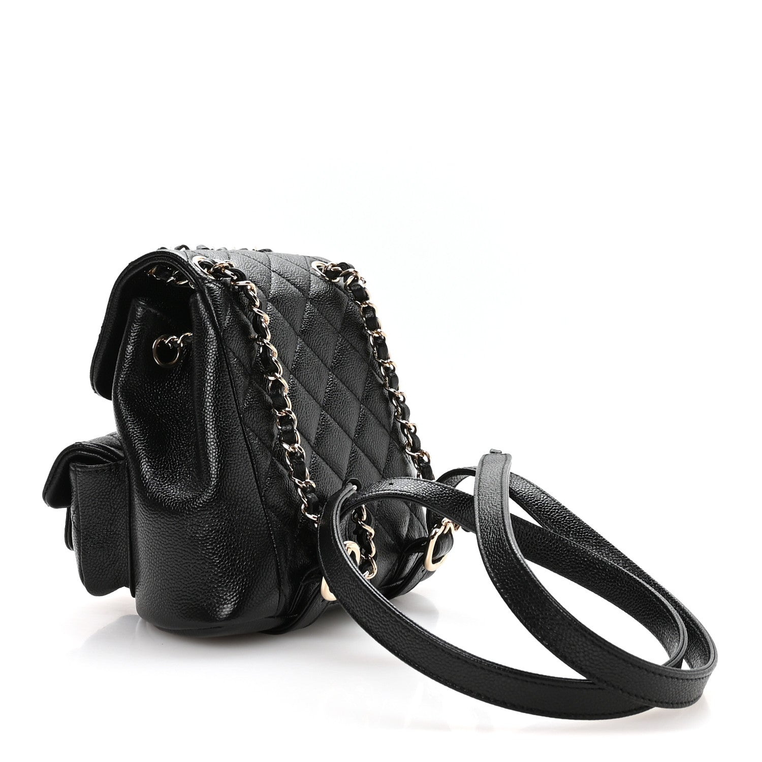 Shiny Caviar Quilted Small Duma Pockets Drawstring Backpack Black