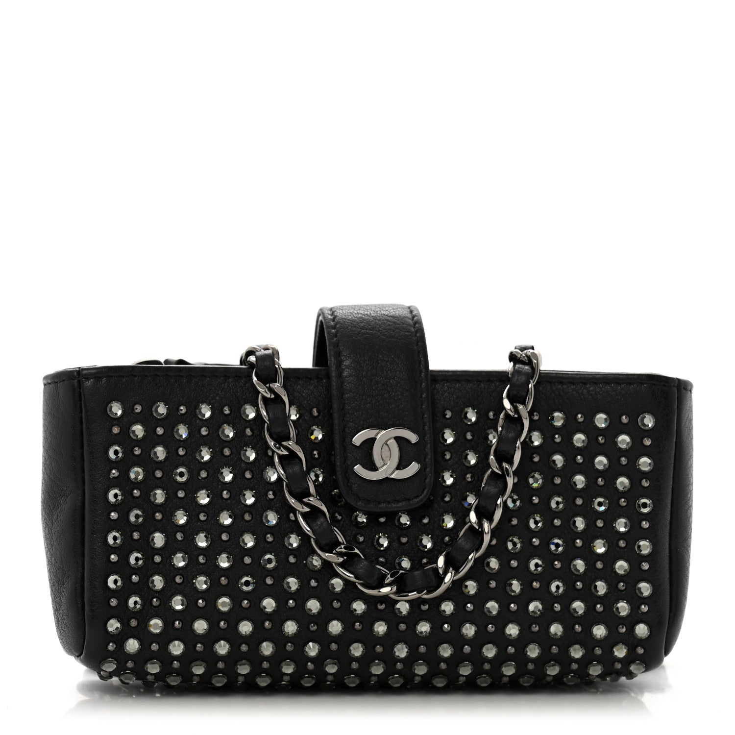 Calfskin Strass Studded Mini Phone Holder Clutch Black