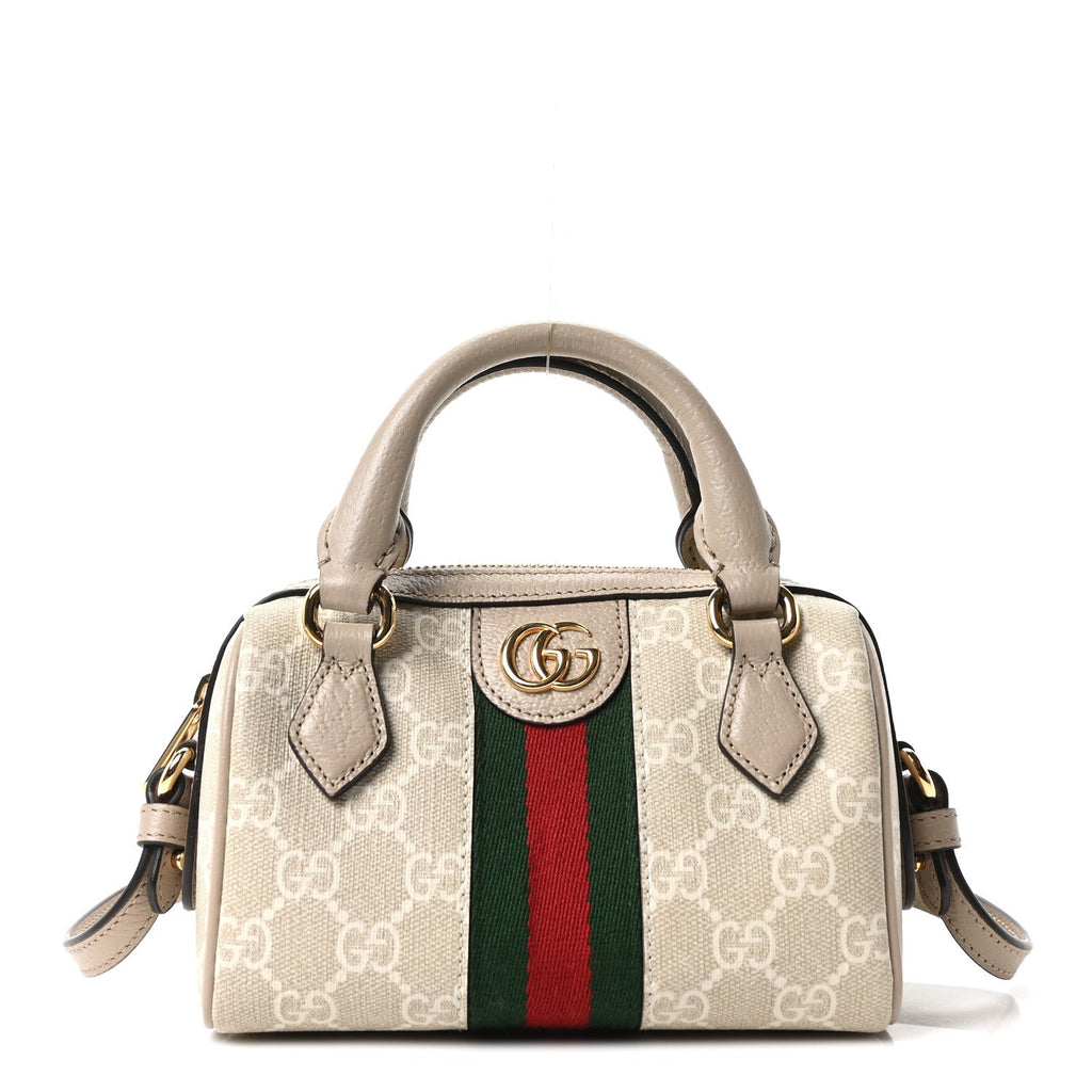 GG Supreme Monogram Textured Dollar Calfskin Web Super Mini Ophidia Top Handle Bowler Bag Beige Mystic White Oatmeal
