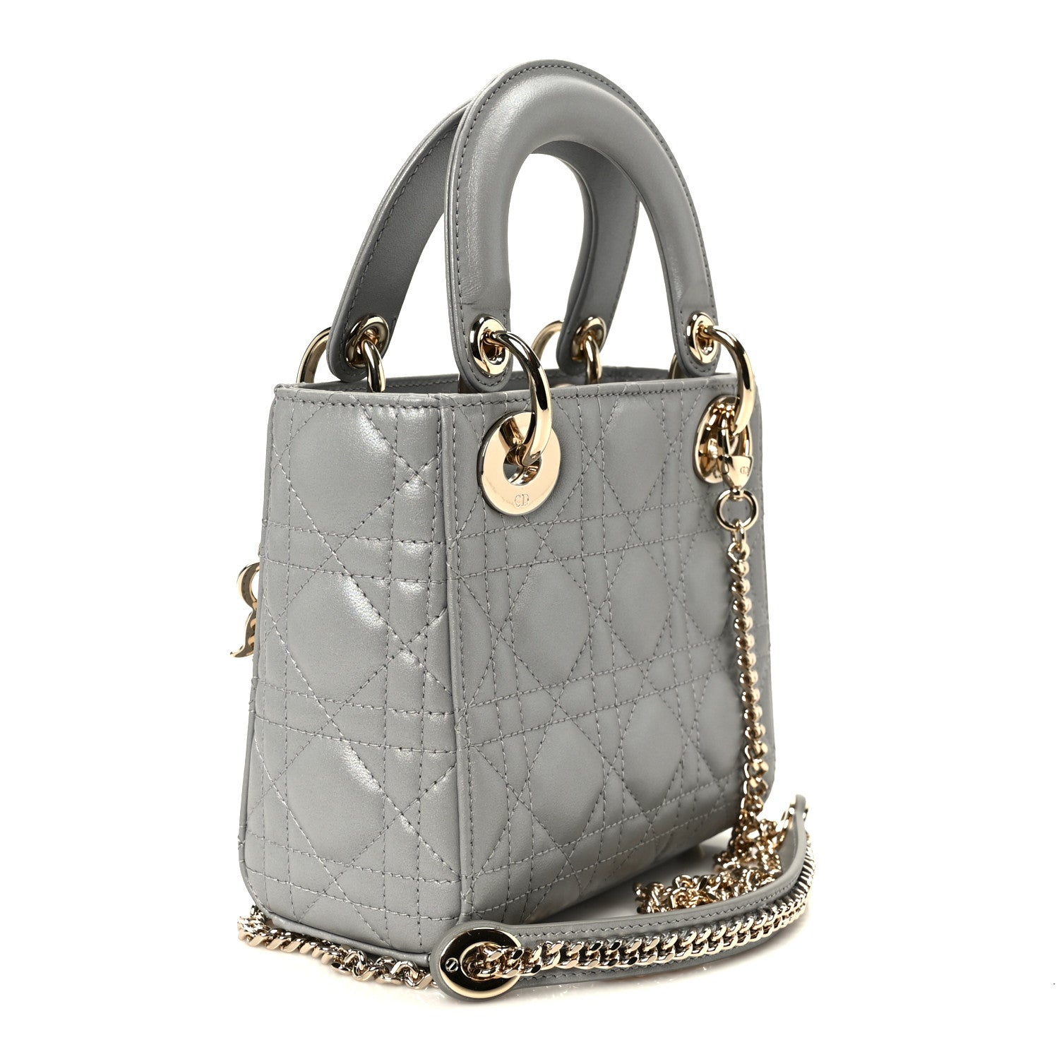 Metallic Lambskin Cannage Mini Lady Dior Grey