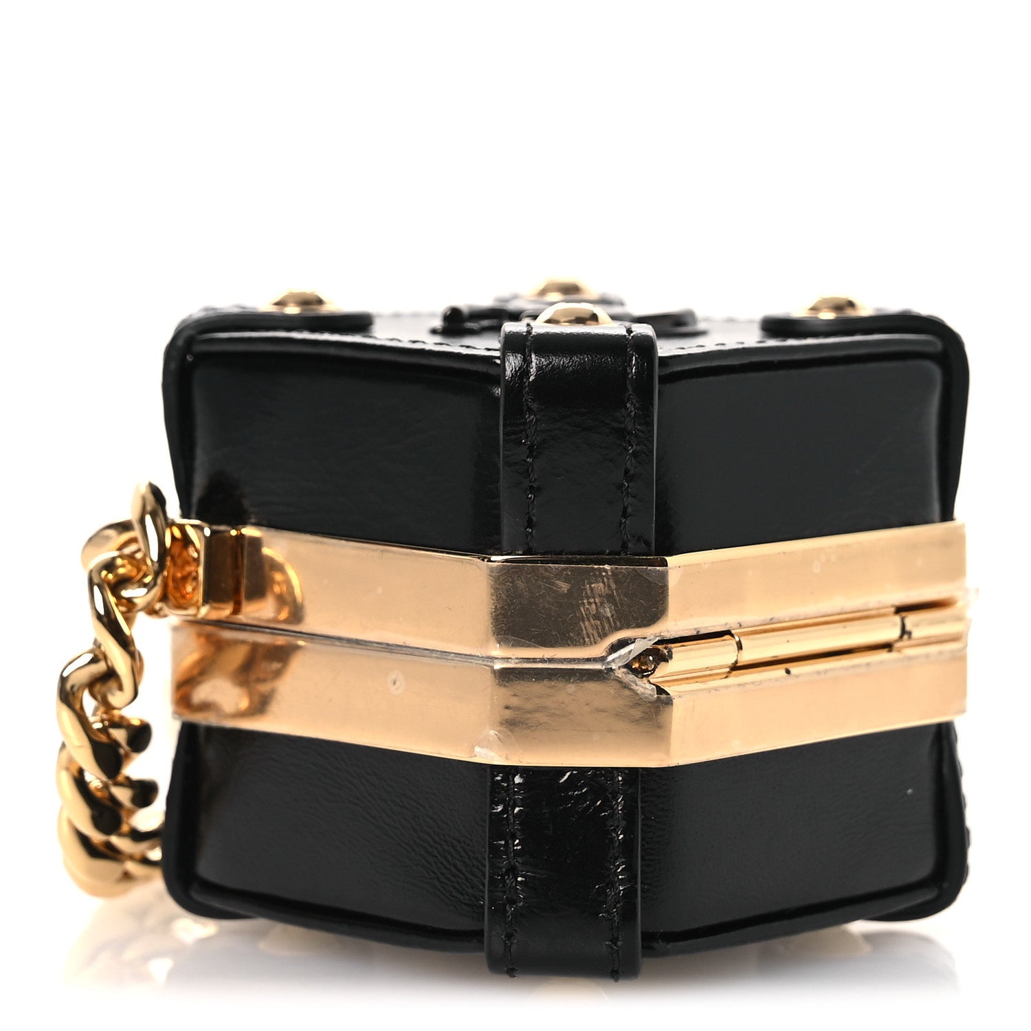 Shiny Crumpled Calfskin Minaudiere Clutch With Chain Black