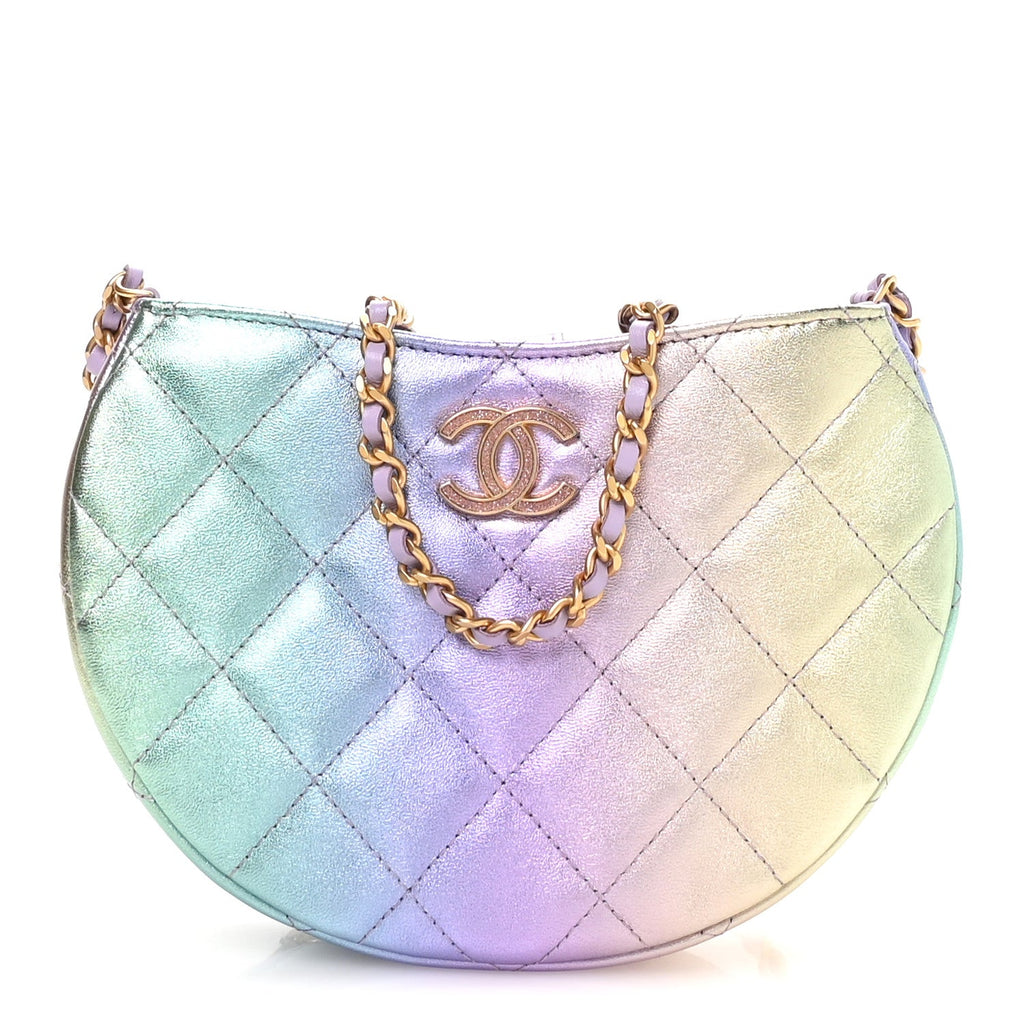 Gradient Metallic Lambskin Quilted Hobo Bag Pink Purple Green