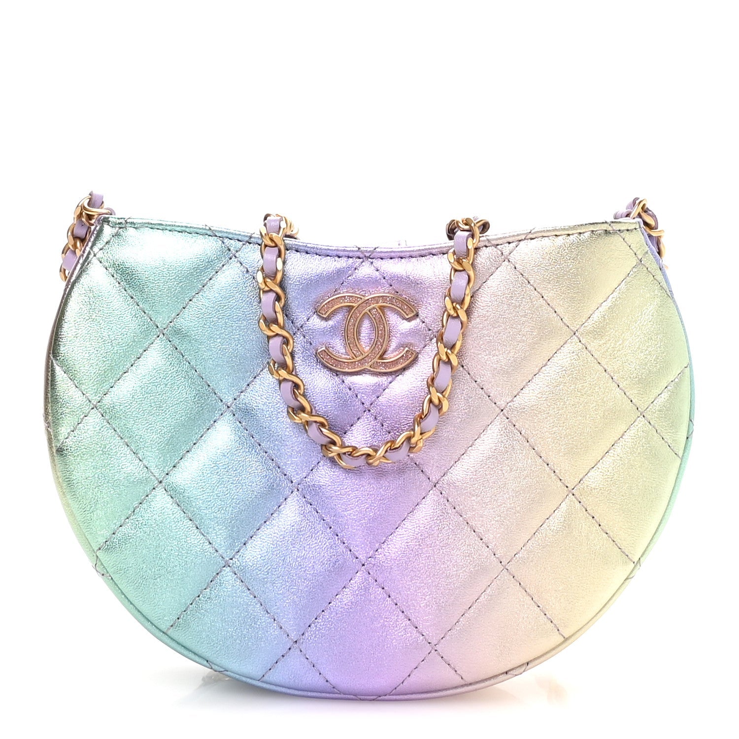 Gradient Metallic Lambskin Quilted Hobo Bag Pink Purple Green