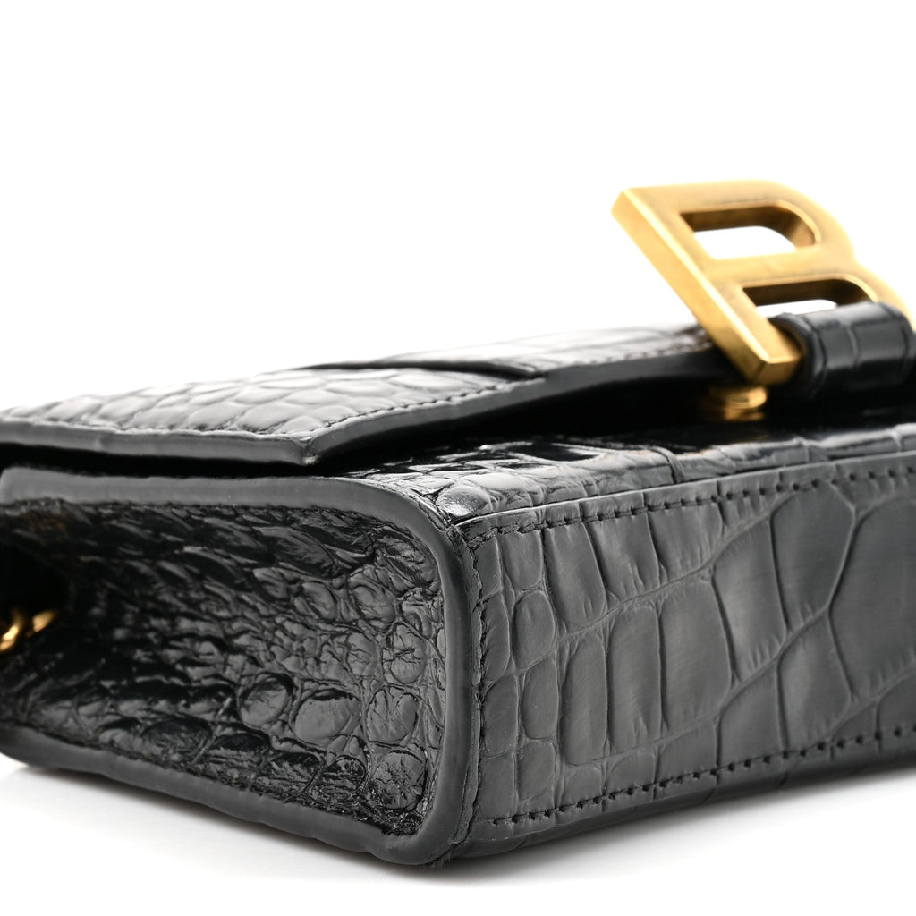 Shiny Calfskin Crocodile Embossed Hourglass Chain Bag Black