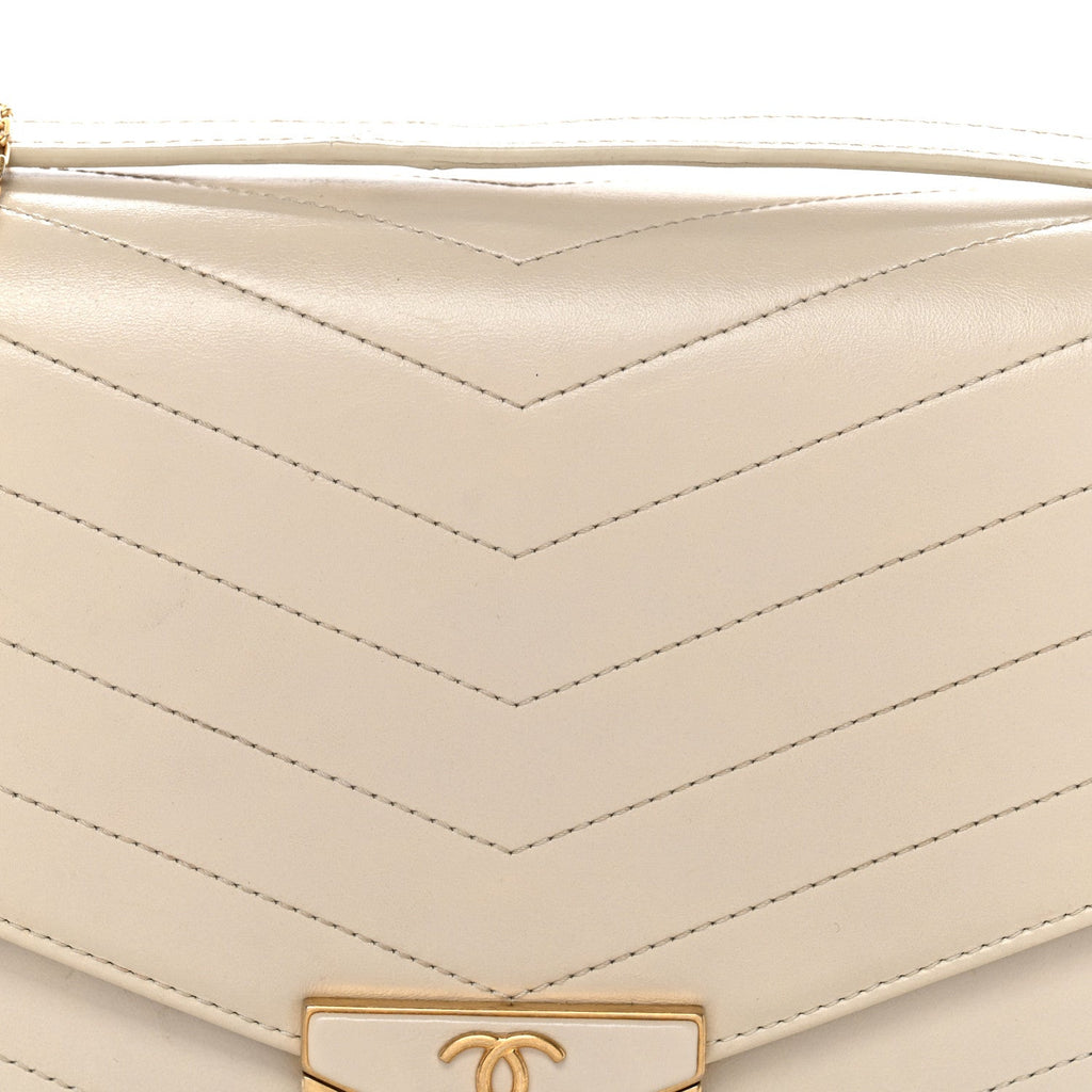 Calfskin Chevron Quilted Large Medal Flap Light Beige