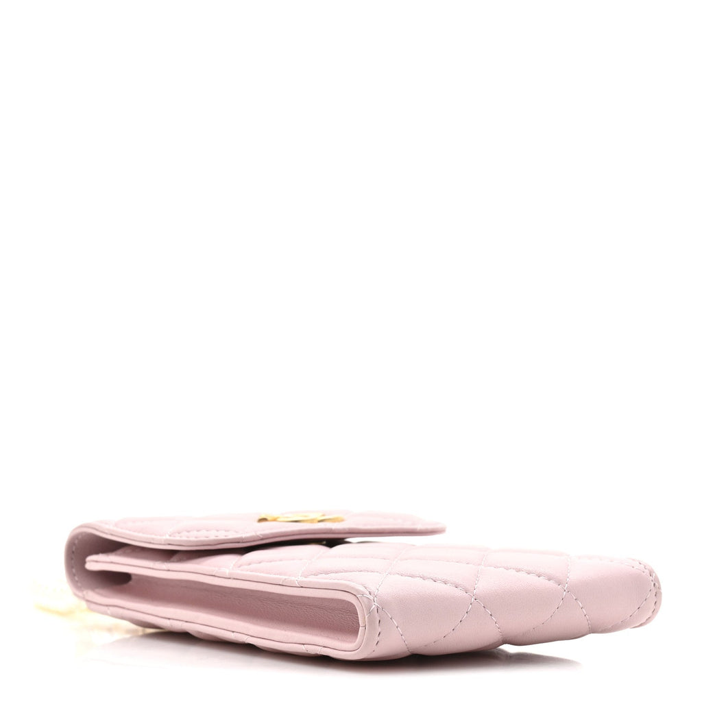 Lambskin Quilted Pearl Phone Holder With Chain Pink