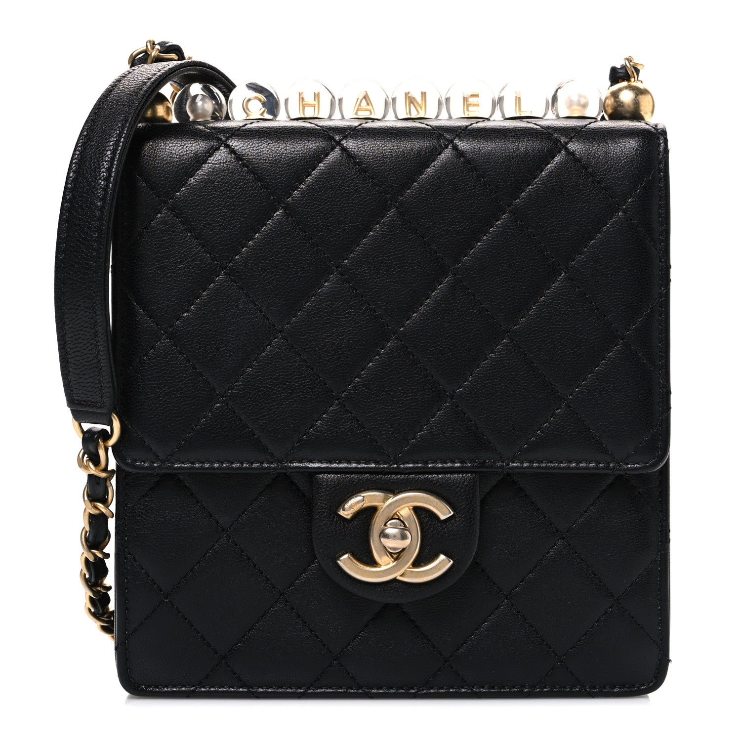 Lambskin Quilted Chic Pearls Flap Black