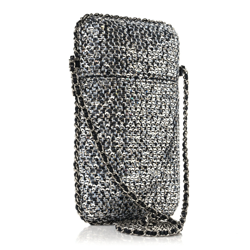 Tweed Sequin Chain Around Phone Holder Silver Black