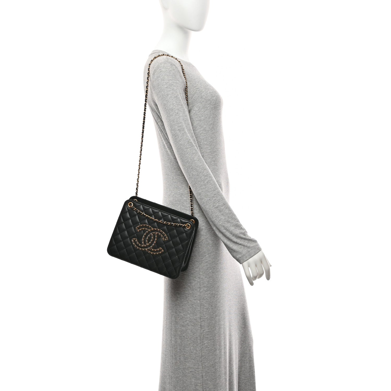 Calfskin Quilted CC Chain Accordion Tote Black
